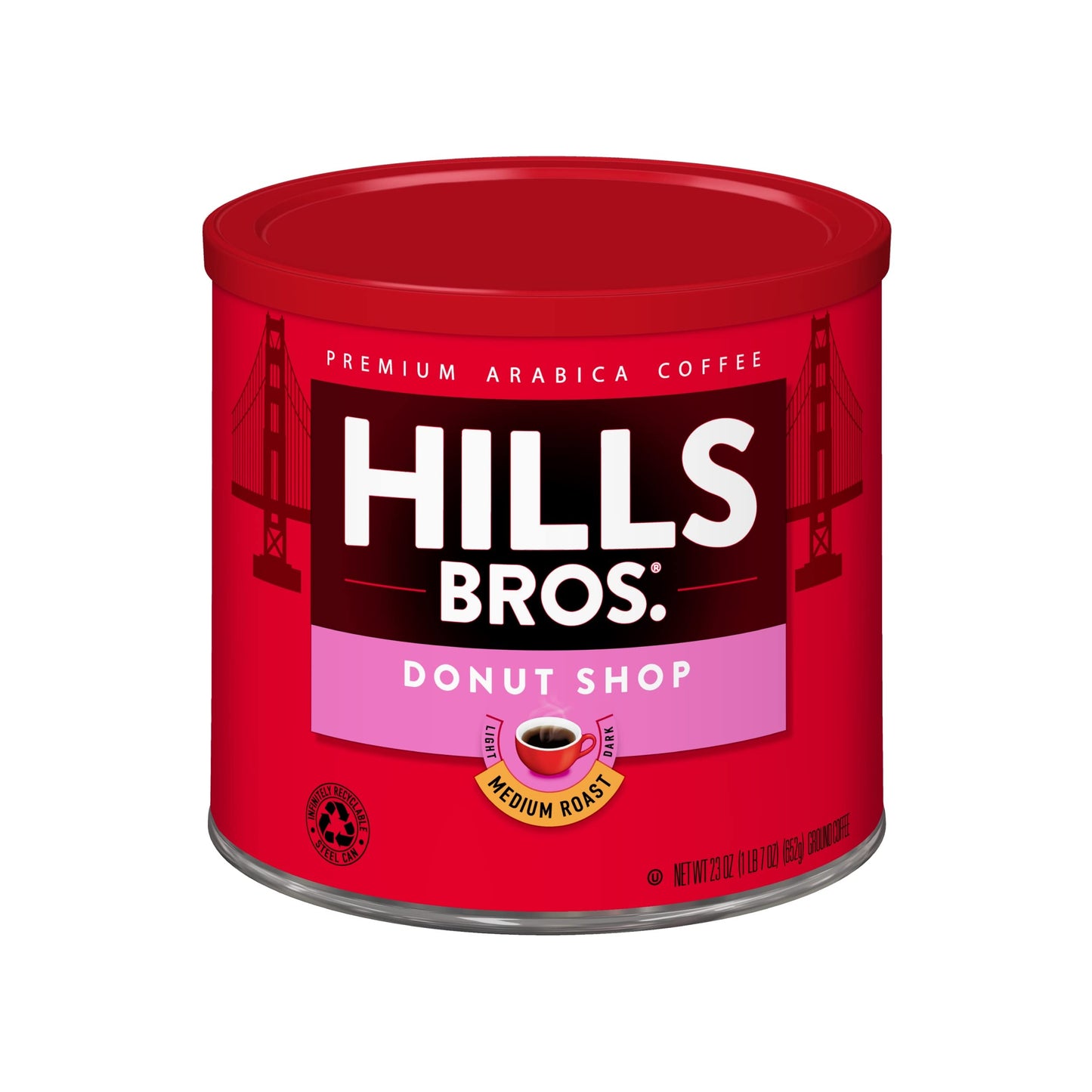 Hills Bros. Donut Shop Ground Coffee - Premium Arabica Coffee Beans - Medium Roast, Rich Flavor Cup After Cup - Recyclable Steel Can for Freshness