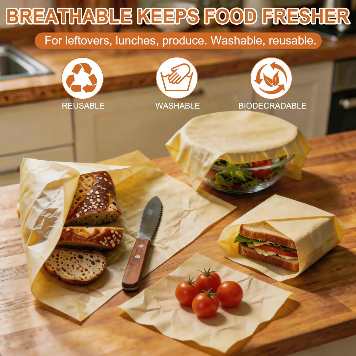 Unprinted Beeswax Wraps - Undyed, Unbleached, Reusable Food Wraps for Bread, Sandwich, Cheese & Bowls - Zero Waste Alternative to Plastic Wrap