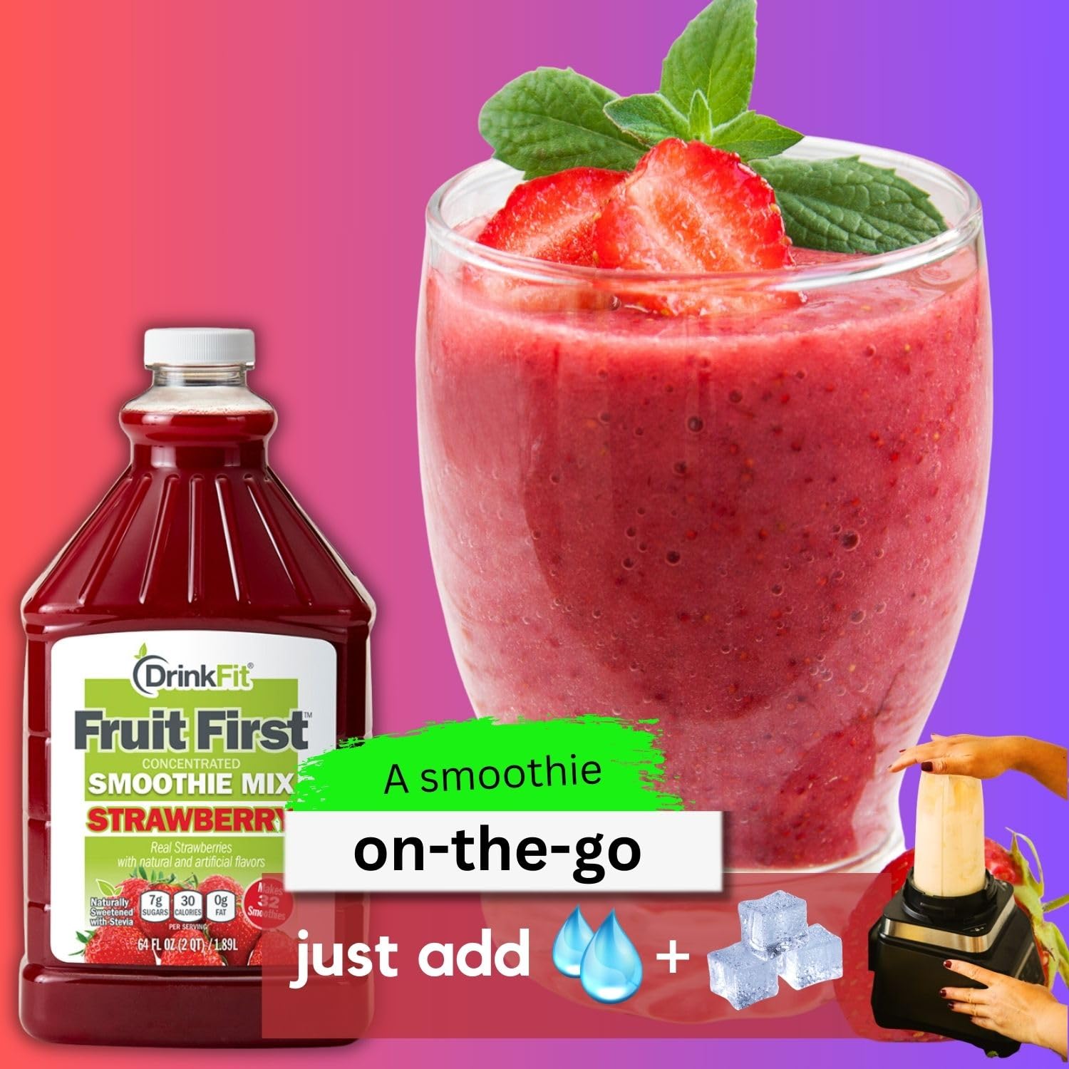DrinkFit Fruit Smoothie | Real Fruit Puree, Low Sugar, Gluten-Free & Non-GMO, Strawberry Smoothie Mix - Makes 32 Smoothies, 64 Fl Oz