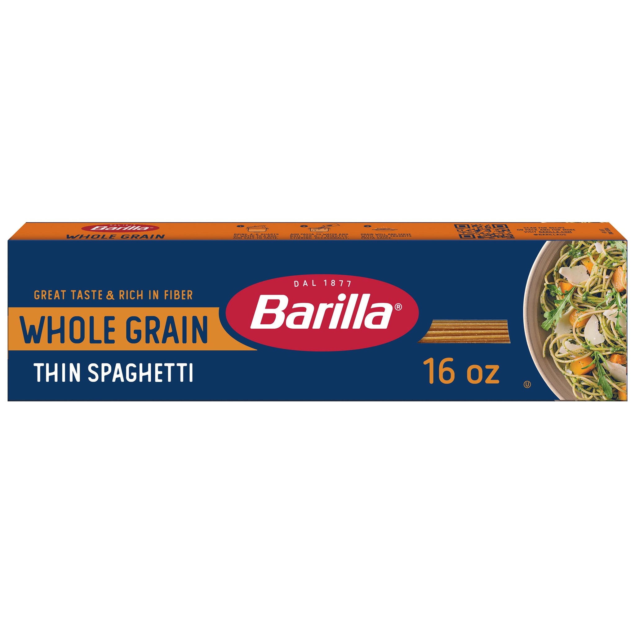 Barilla Whole Grain Thin Spaghetti, 16 oz. Box - Non-GMO Pasta, With 100% Whole Grain Durum Wheat - Great Source of Fiber