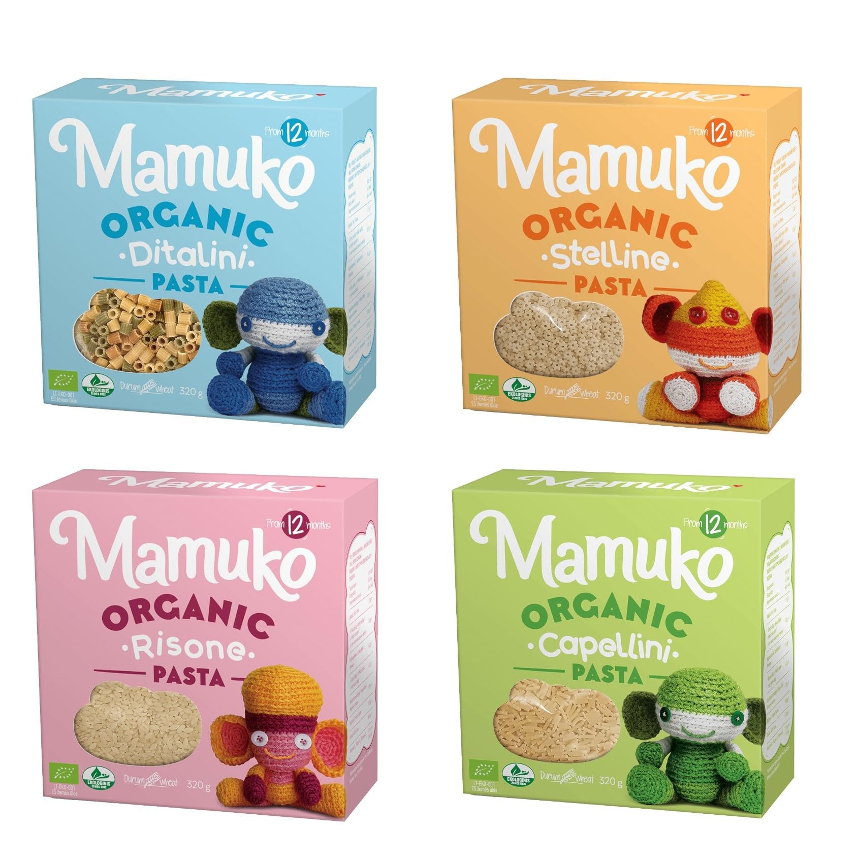 Mamuko Organic The Beginning Pasta 4-Pack Variety Mix (Ditalini, Stelline, Risone, Capellini) Quick-Cook Pasta for Babies Young Children - Protein
