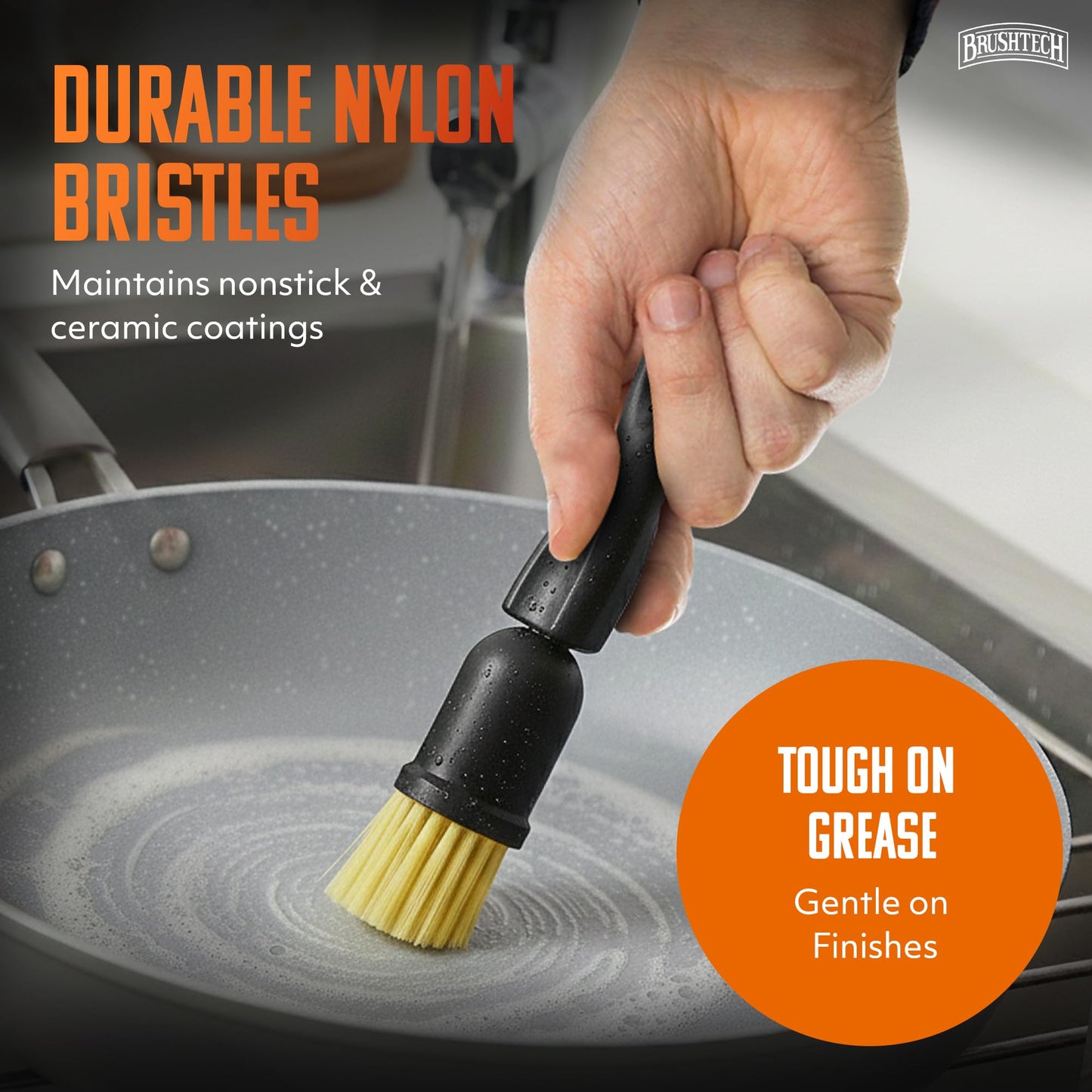 Brushtech Advanced Nonstick Pan Cleaning Brush - Scratch-Safe Heavy Duty Kitchen Scrubber for Cookware, Pots & Skillets, Designed for Residue & Grease