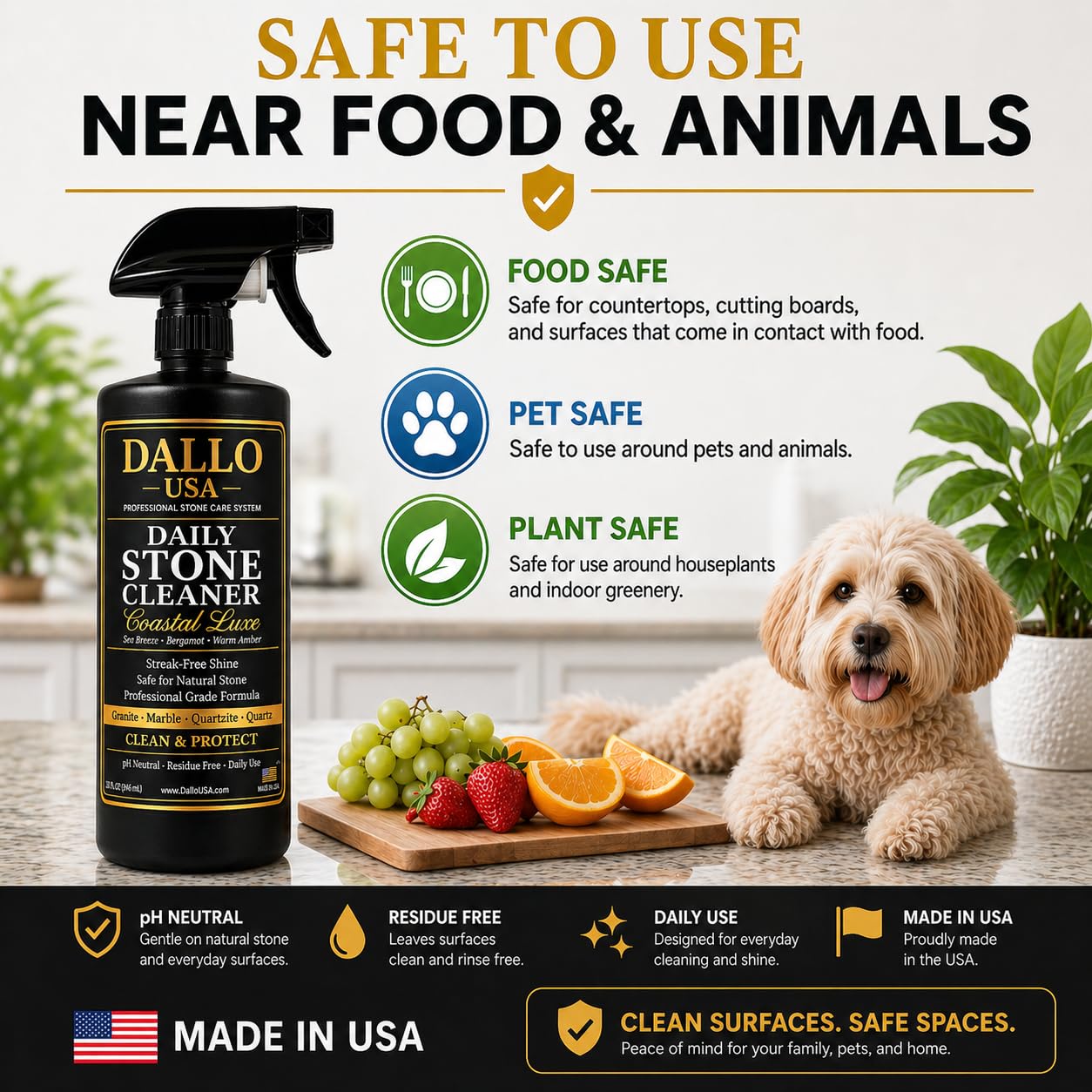 Dallo USA Daily Stone Cleaner 32 oz, Premium Streak Free Cleaner for Granite, Marble, Quartz, Quartzite and Porcelain, Includes Microfiber Cloth