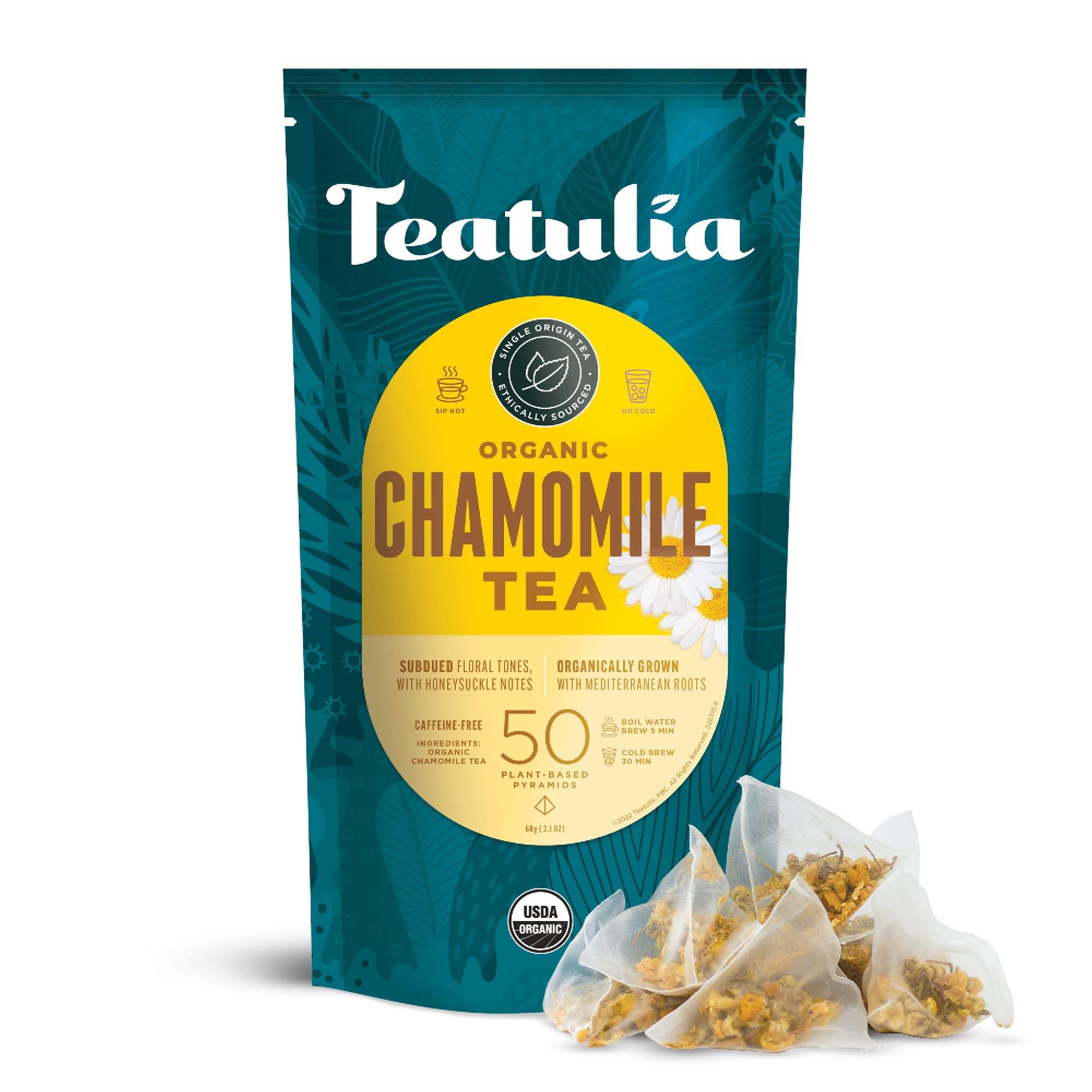 Teatulia Organic Chamomile Tea Bags (50 Pyramid Teabags) Raw Whole Leaf Flower. 100% Compostable And Sustainably Grown In Egypt. Caffeine Free Herbal