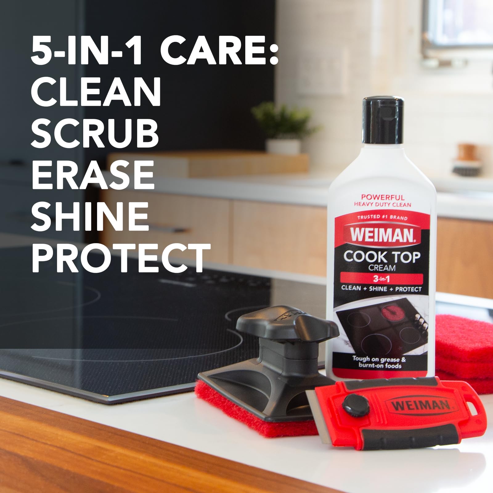 Weiman Glass & Ceramic Cooktop, Stove Top & Oven Cleaner Kit - Kitchen Cleaner Cream, 3 Scrubbing Pads & Scraper for Burnt-On Food & Grease, Clean