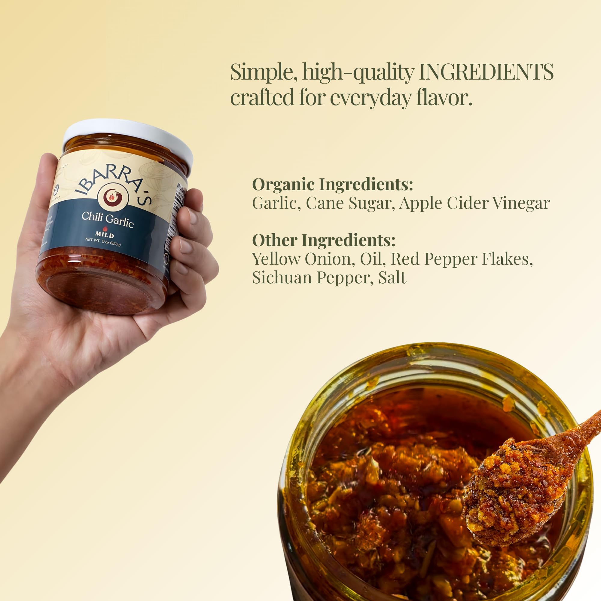 IBARRA'S Chili Garlic - 9oz (Pack of 1) - "The all-around, premium sauce for spice and flavor". Vegan-friendly. Small-batch production. Gluten-free