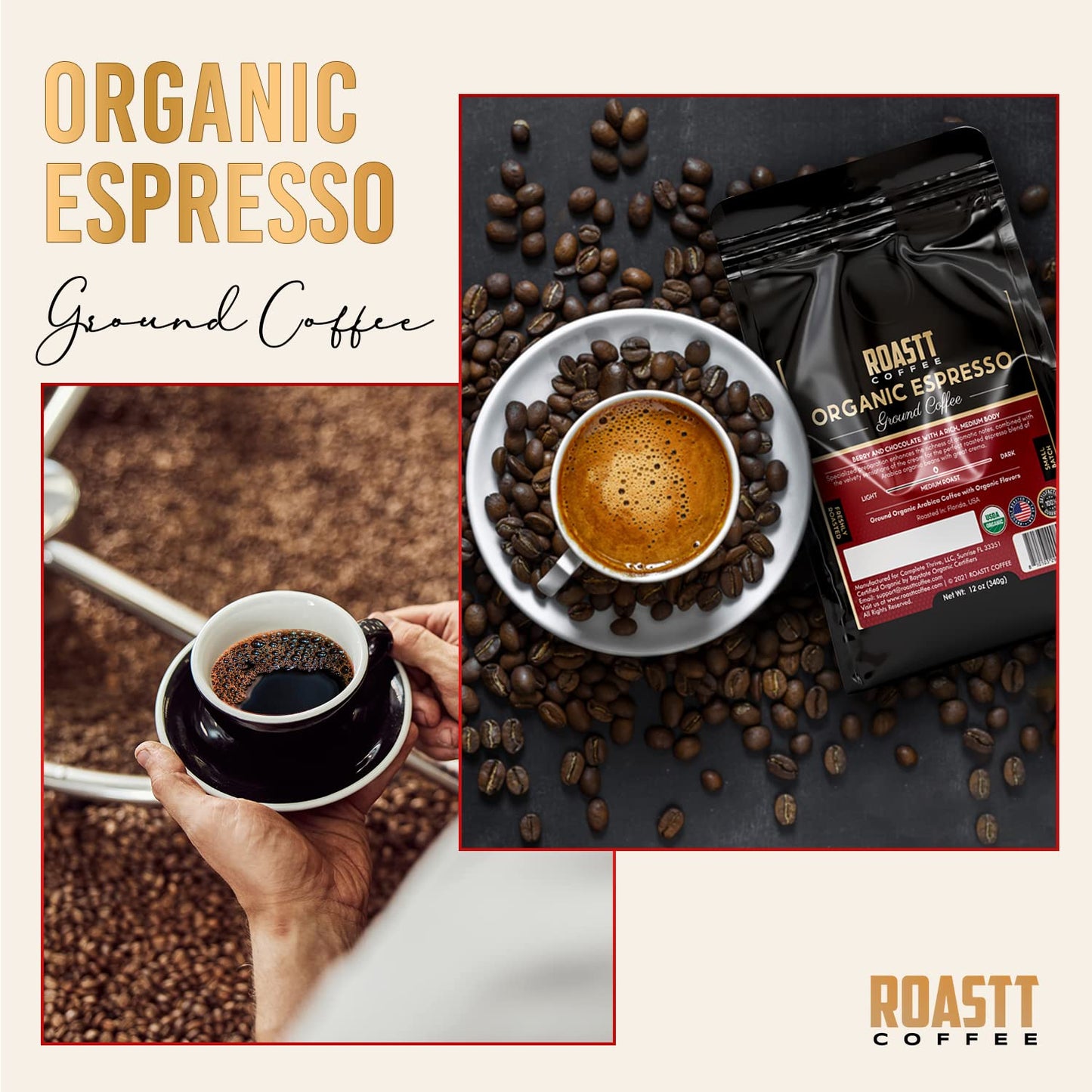 Organic Espresso Ground Coffee, Fine Grind Espresso Grounds Gourmet, Caffeinated Ground Espresso Coffee, Organic Espresso Blend with Sumatra French
