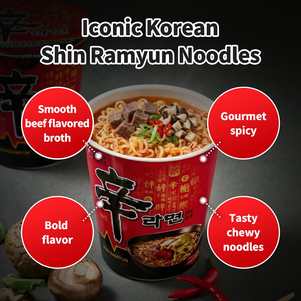 Nongshim Shin Ramyun Cup of Noodles, Spicy Signature Korean Instant Ramyun, Rich Beef Flavored Broth, Quick and Easy, Microwaveable Cup, 2.64 oz (Pack