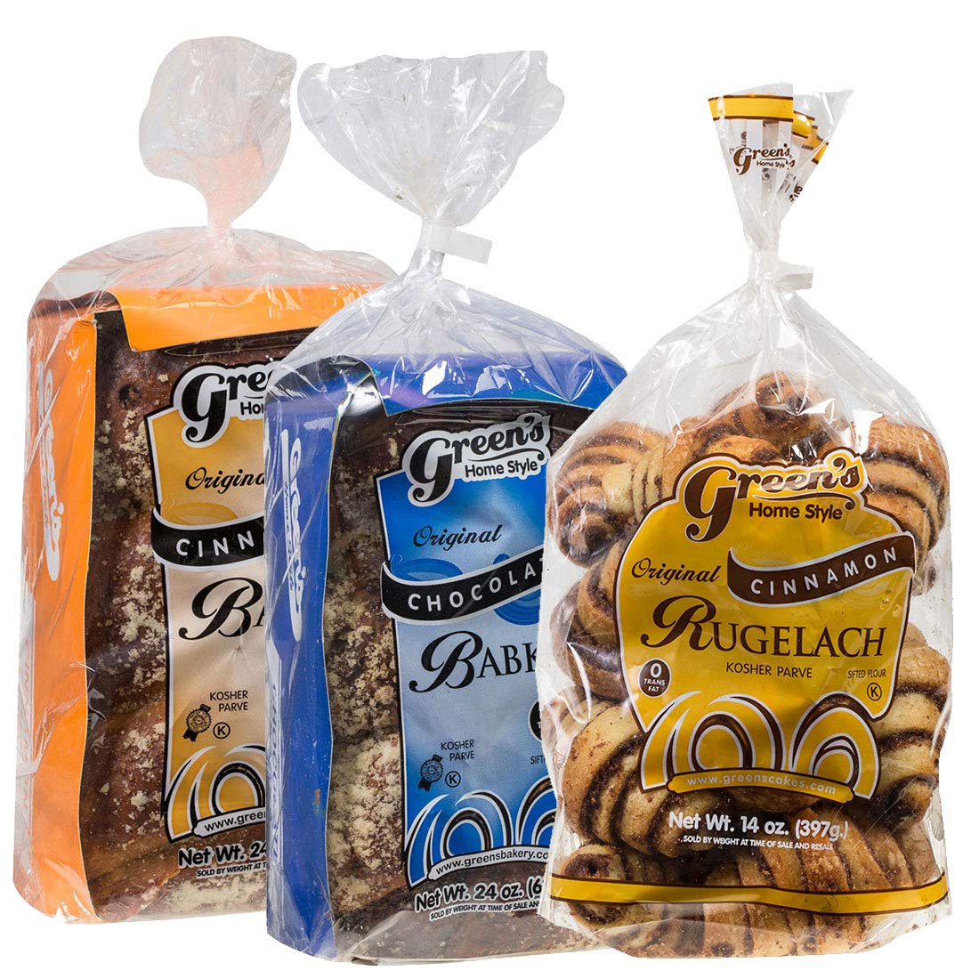 Green's Bakery Babka & Rugelach Value Pack, (1) 24oz Chocolate Babka, (1) 24oz Cinnamon Babka and (1) 14oz Cinnamon Rugelach, 3 Pack, Fresh