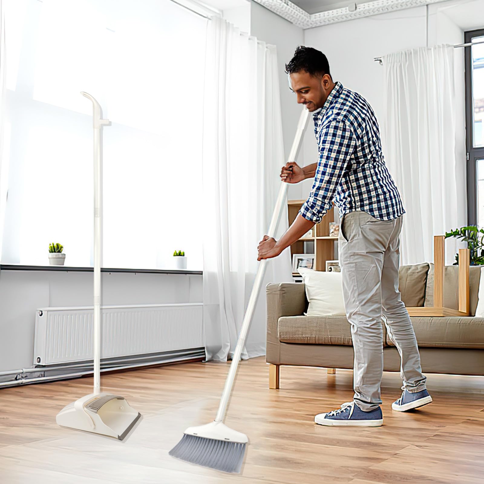 Broom with Dustpan Combo Set for Clean - Broom and Dustpan Set, 61" Broom and Dust Pan with Long Handle, Dust Pan and Broom Set, Broom with Dustpan