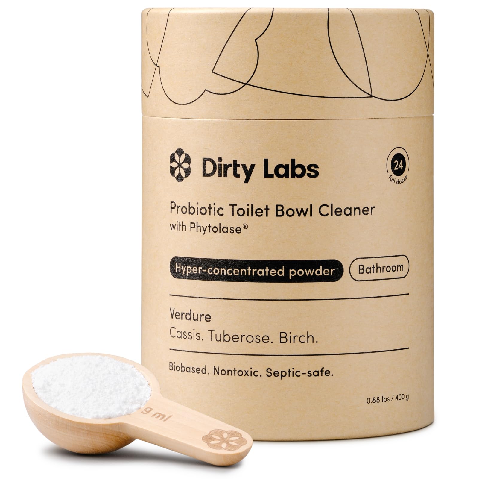 Dirty Labs | Probiotic Toilet Bowl Cleaner Powder | with Phytolase Bio Enzymes | 24 Doses | Septic-Safe, Biodegradable, Bleach-Free | Verdure Scent