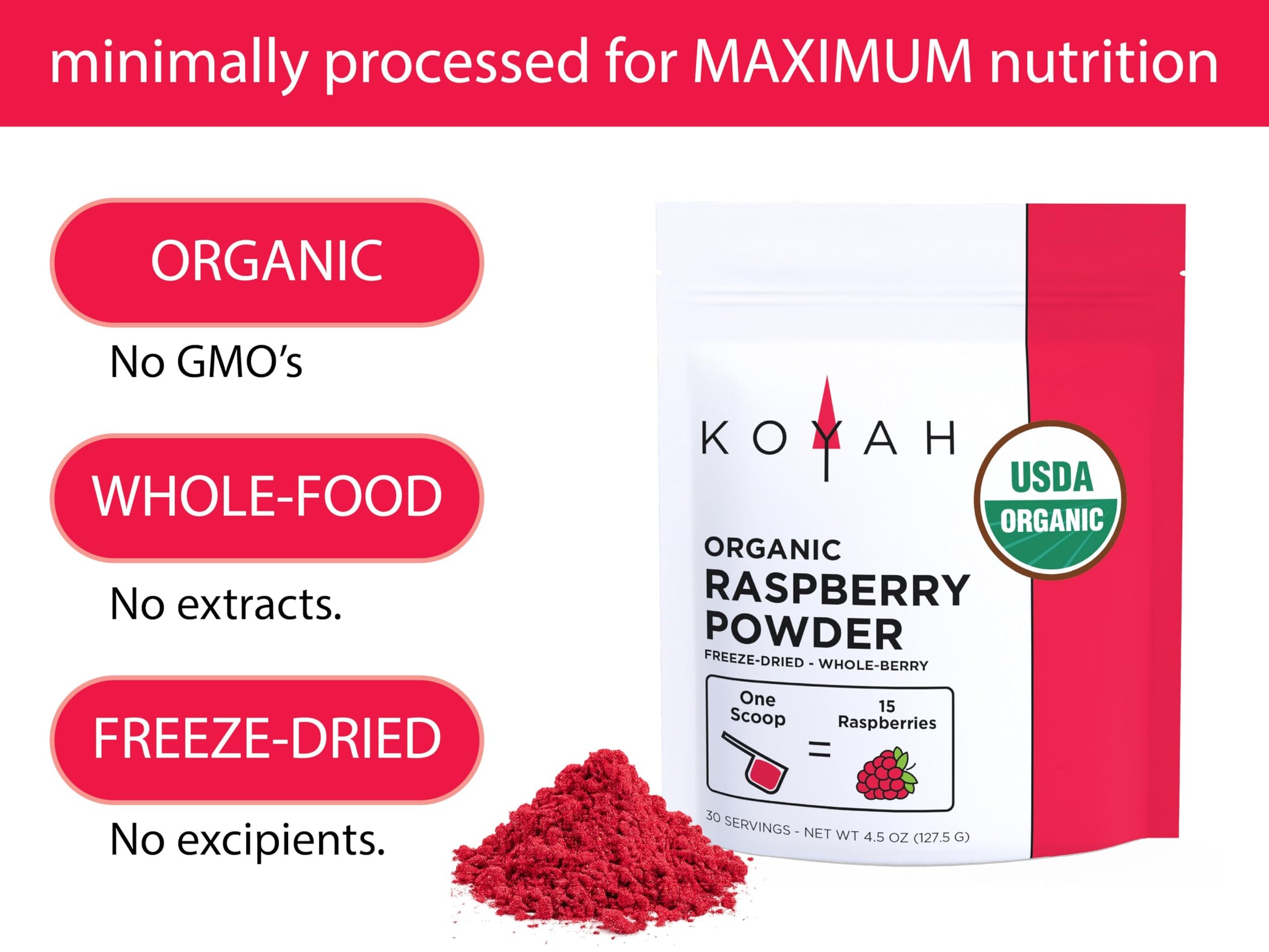 KOYAH - Organic Raspberry Powder 30 Servings (1 Scoop = 15 Raspberries), Freeze-Dried, Whole-Berry Powder, Equivalent to 450 Raspberries
