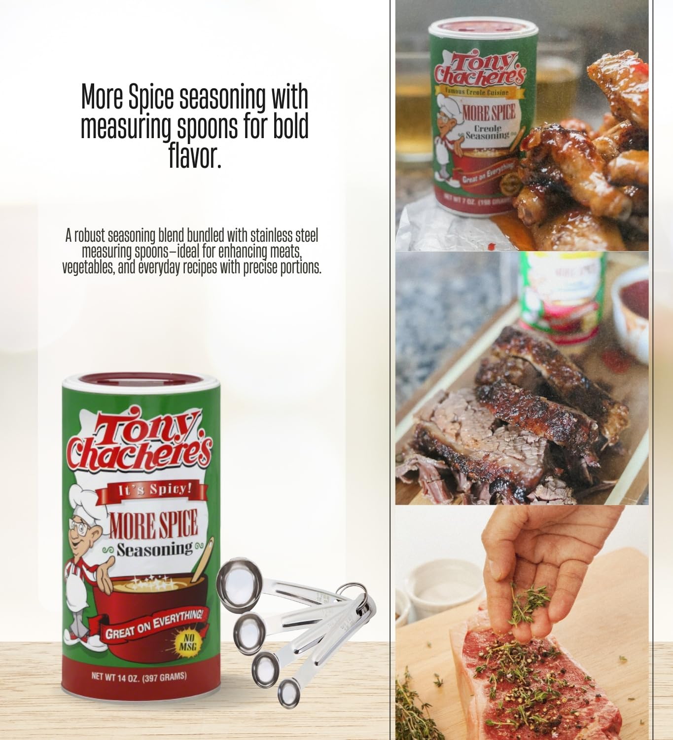 Tony's Seasoning - 2x Tony Chachere's More Spice 14 oz Bundle with Stainless Steel Measuring Spoon Set - Spicy Creole Seasoning for Cajun Cooking