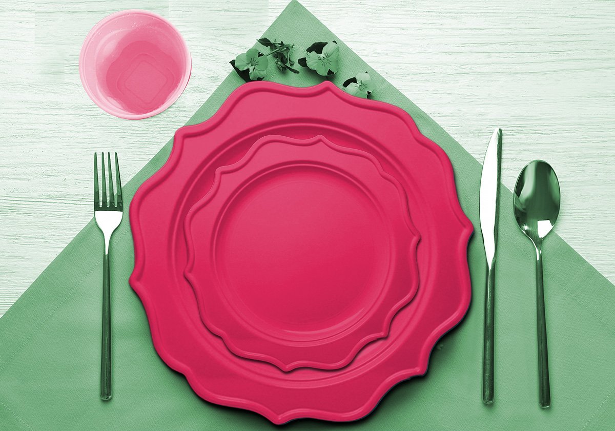 Tiger Chef 60-Count, 8-inch Fuchsia Color Round Scalloped Rim Disposable Plastic Plate Set Includes 60 Plastic Salad Plates - BPA-Free