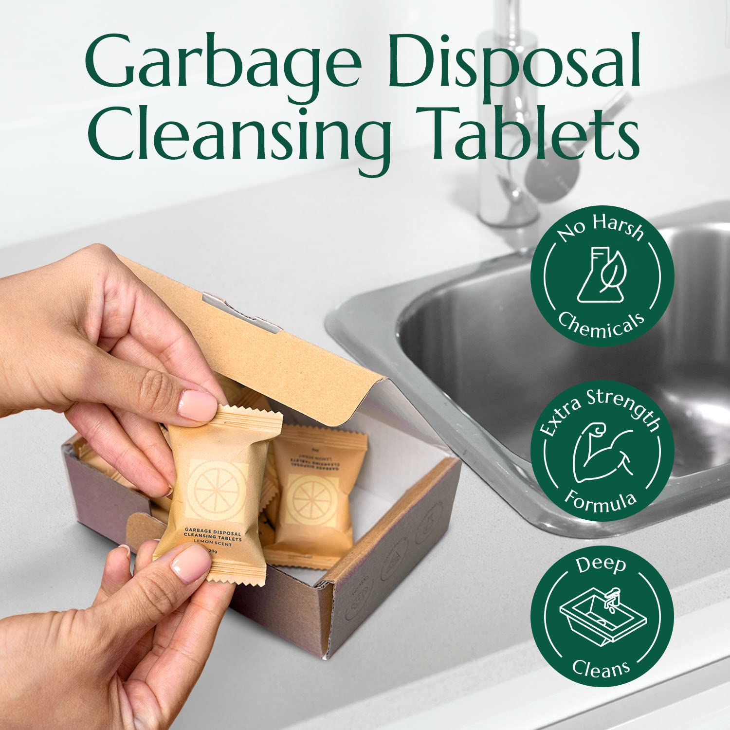 CLEANOMIC - Garbage Disposal Cleansing Tablets (8 Pack) - Foaming Garbage Disposal Cleaner and Deodorizer, Household Garbage Disposal Cleaners, Sink