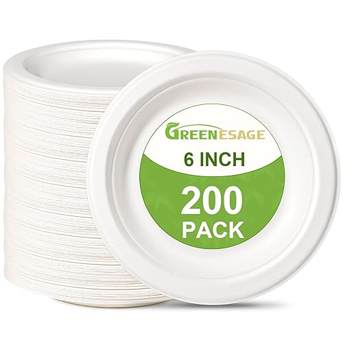 GREENESAGE Small Paper Plates 6 inch, 200 Pack Compostable Disposable Plates for Dessert, Cake, Appetizer