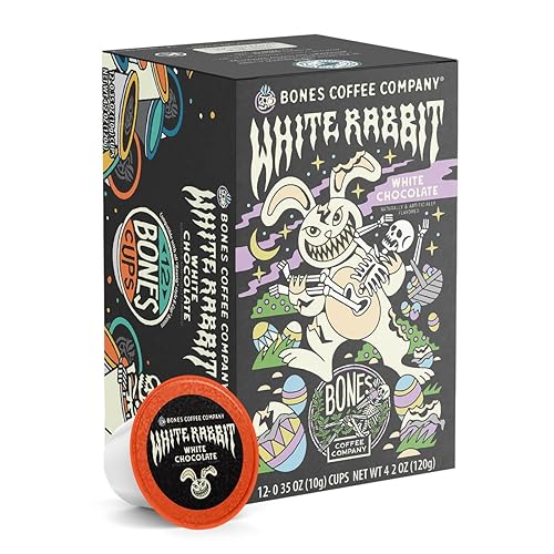 Bones Coffee Company White Rabbit, White Chocolate Flavored Coffee Pods, Low Acid Medium Roast Single-Serve Bones Cups, Compatible with 1.0 & 2.0