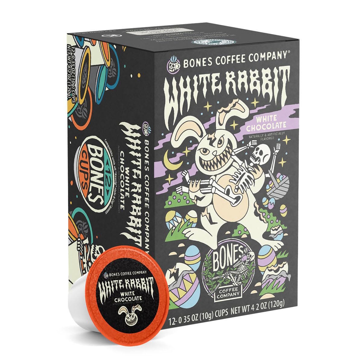 Bones Coffee Company White Rabbit, White Chocolate Flavored Coffee Pods, Low Acid Medium Roast Single-Serve Bones Cups, Compatible with 1.0 & 2.0