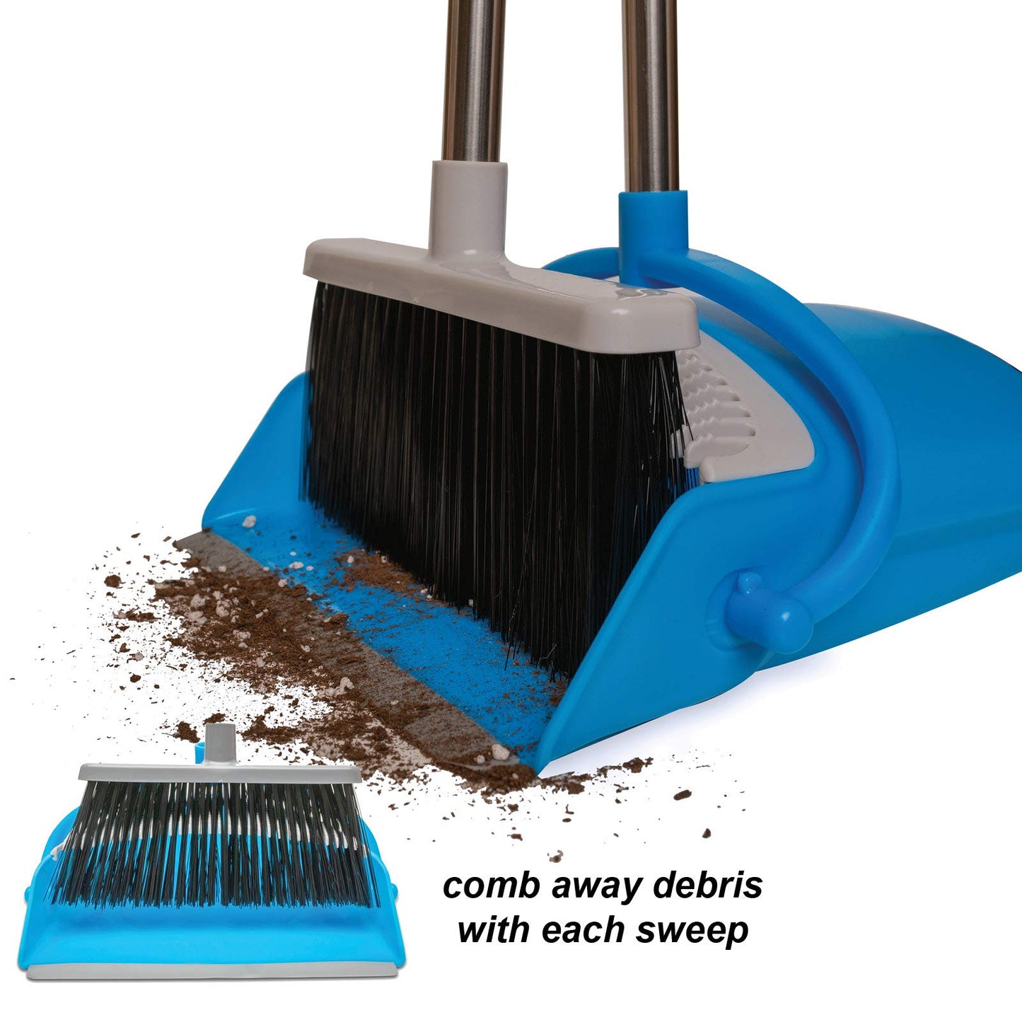 JFB Home Products BristleComb Outdoor Broom & Dustpan Set Upright, 49" Long Adjustable Broom, Long Handle, Self-Cleaning Comb & 2 Interchangeable