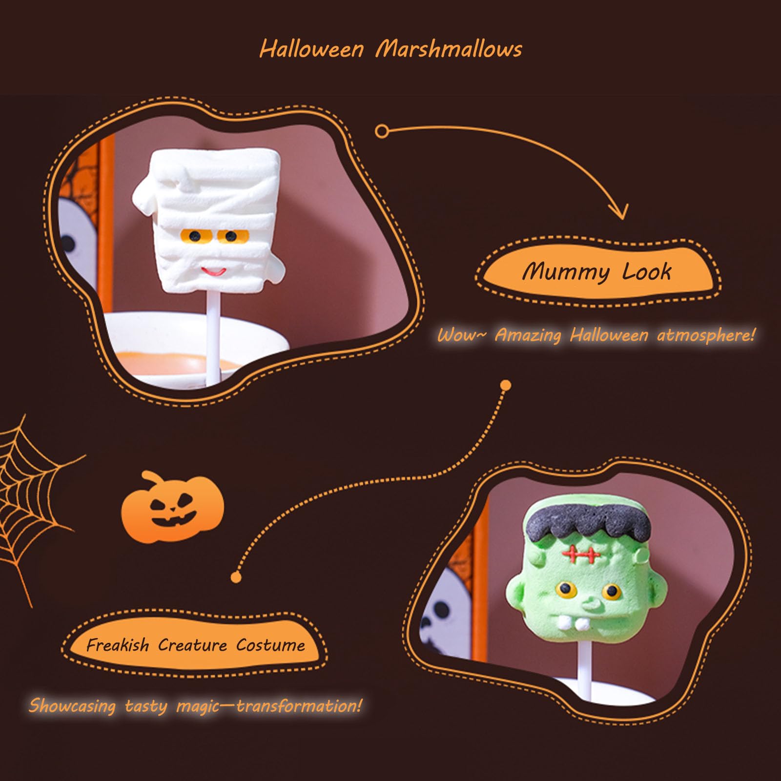 Halloween Candy Marshmallows,Fun Pumpkin Ghost-Shaped Candies,Creative Gifts for Kids,Dessert Toppings,Display Box Packaging,16 Pack