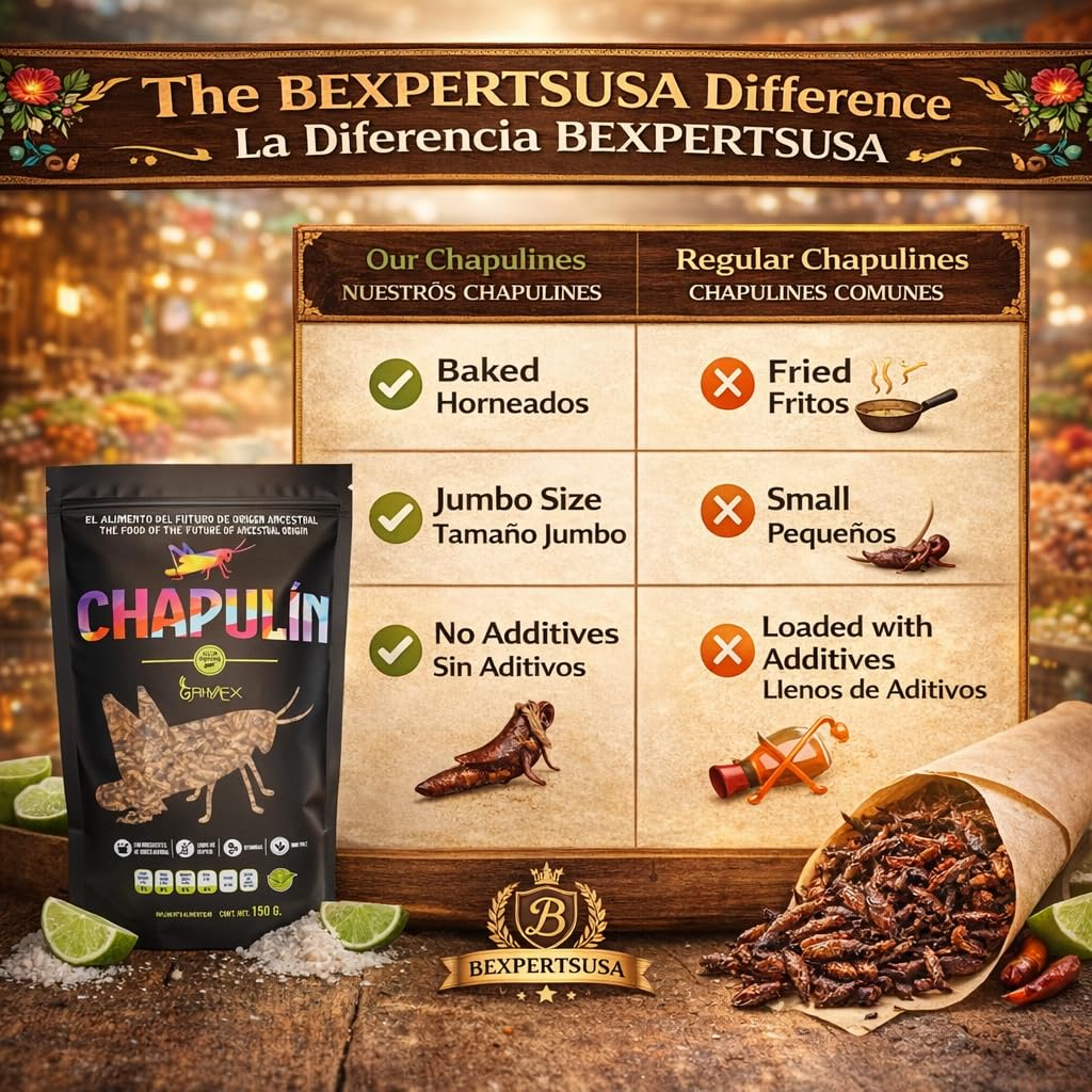 Chapulines Horneados Naturales (Baked Natural Grasshoppers)Jumbo150g(5.3oz)Bag Authentic Oaxacan Ready-to-Eat Snack Traditional Exotic Mexican