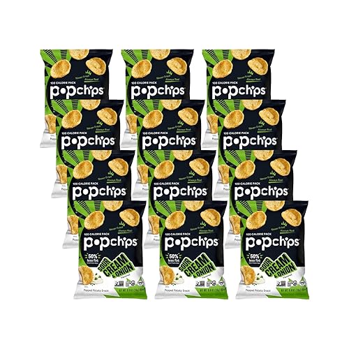 Popchips Potato Chips, Sour Cream & Onion, 24 ct Single Serve 0.8oz Bags, Low-Calorie and Gluten Free, Salty Snacks for Adults and Children, Kosher