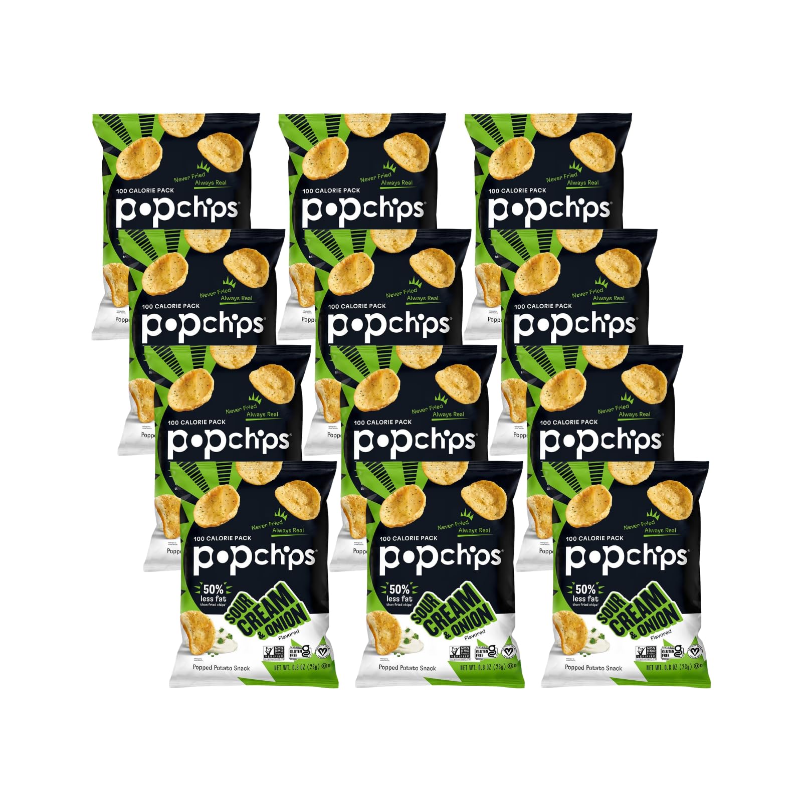 Popchips Potato Chips, Sour Cream & Onion, 24 ct Single Serve 0.8oz Bags, Low-Calorie and Gluten Free, Salty Snacks for Adults and Children, Kosher