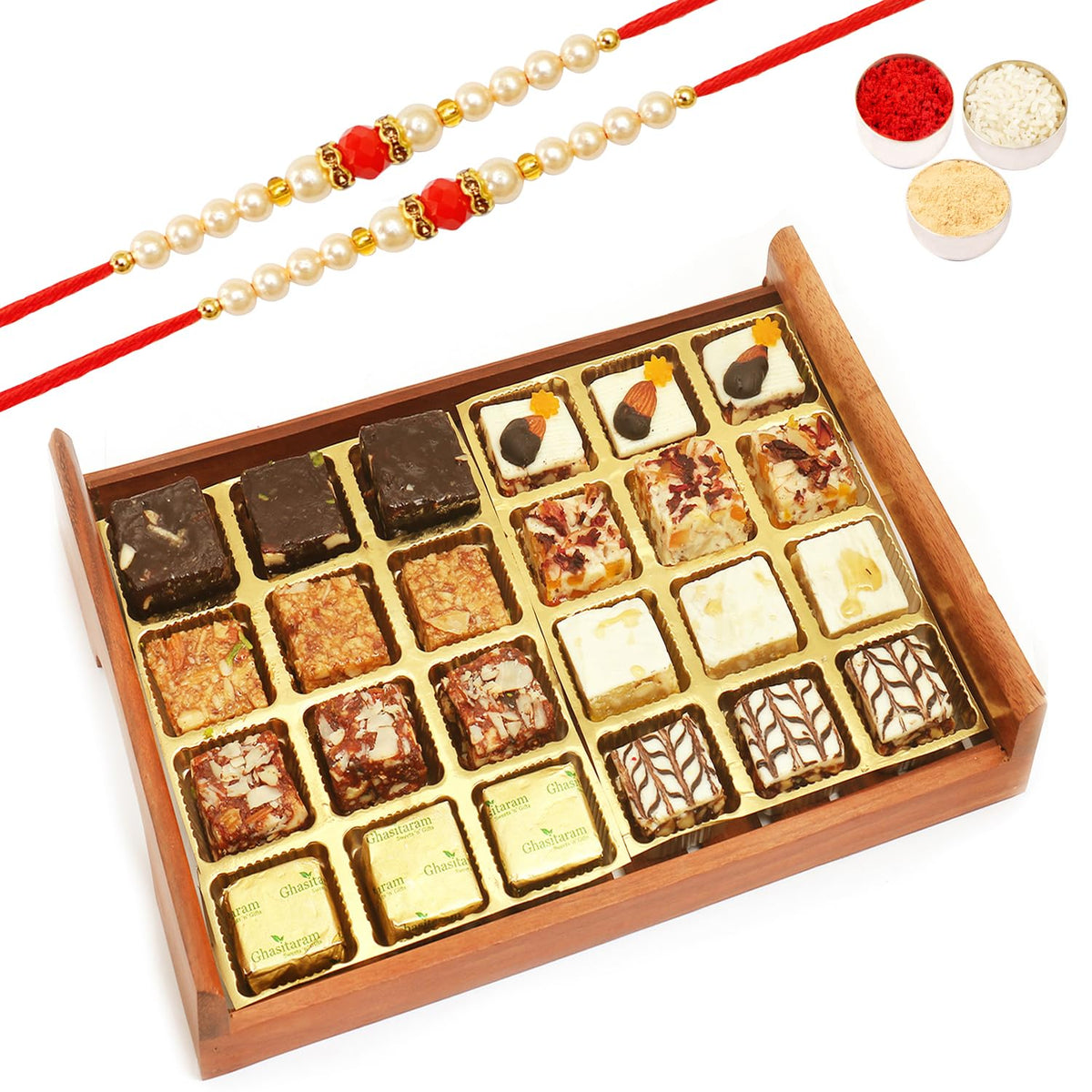Ghasitaram Gifts Rakhi Gifts for Brothers Rakhi Sweets - Wooden Chocolate Dryfruit Sweets and Assorted Bites Serving Tray with 2 Beads Rakhi