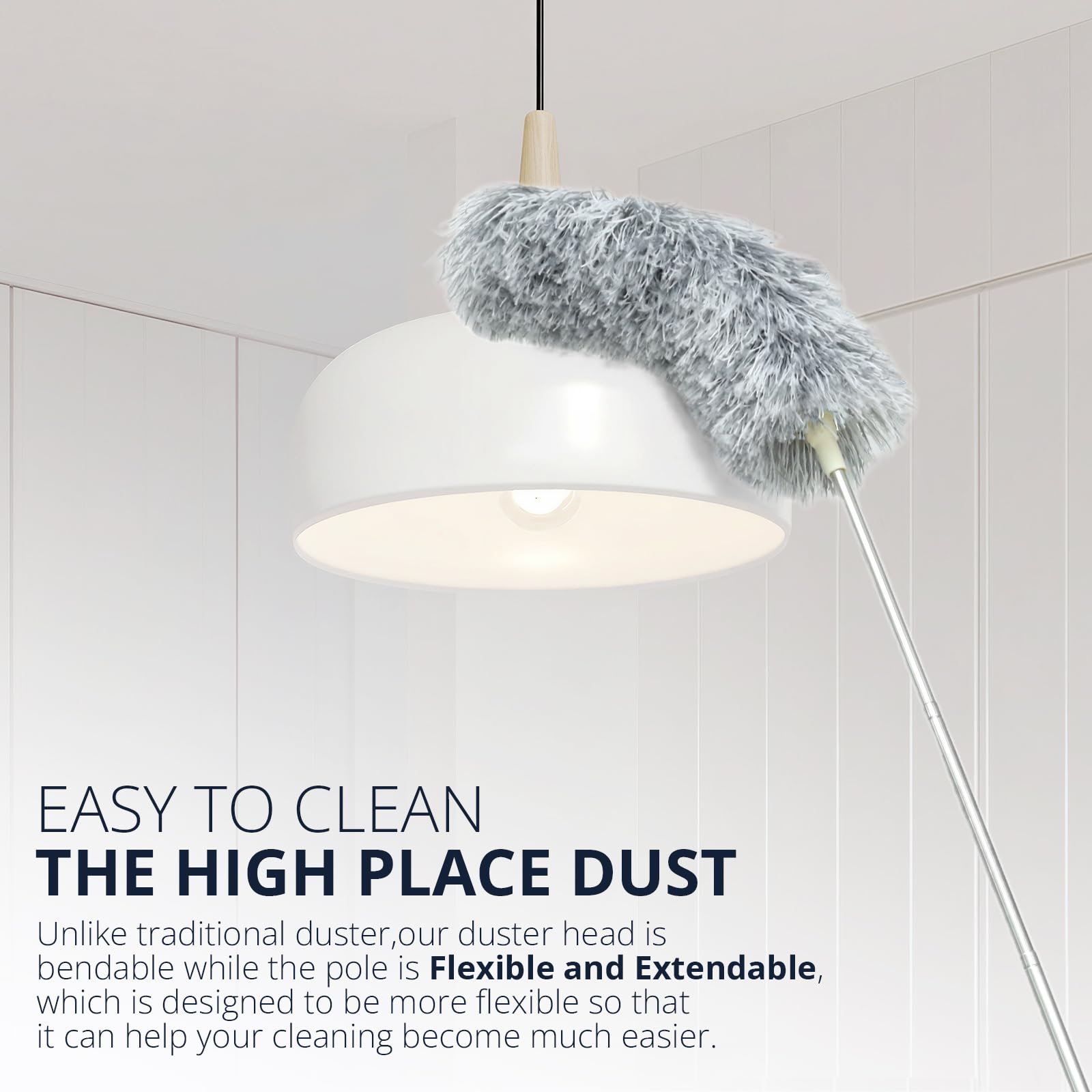 ZZ LAZYCOTTAGE Duster with Extension Pole & Flexible Head, Gray Feather Duster, Long Ddusters for Cleaning for High Ceilings, Walls, Fans, Cobweb