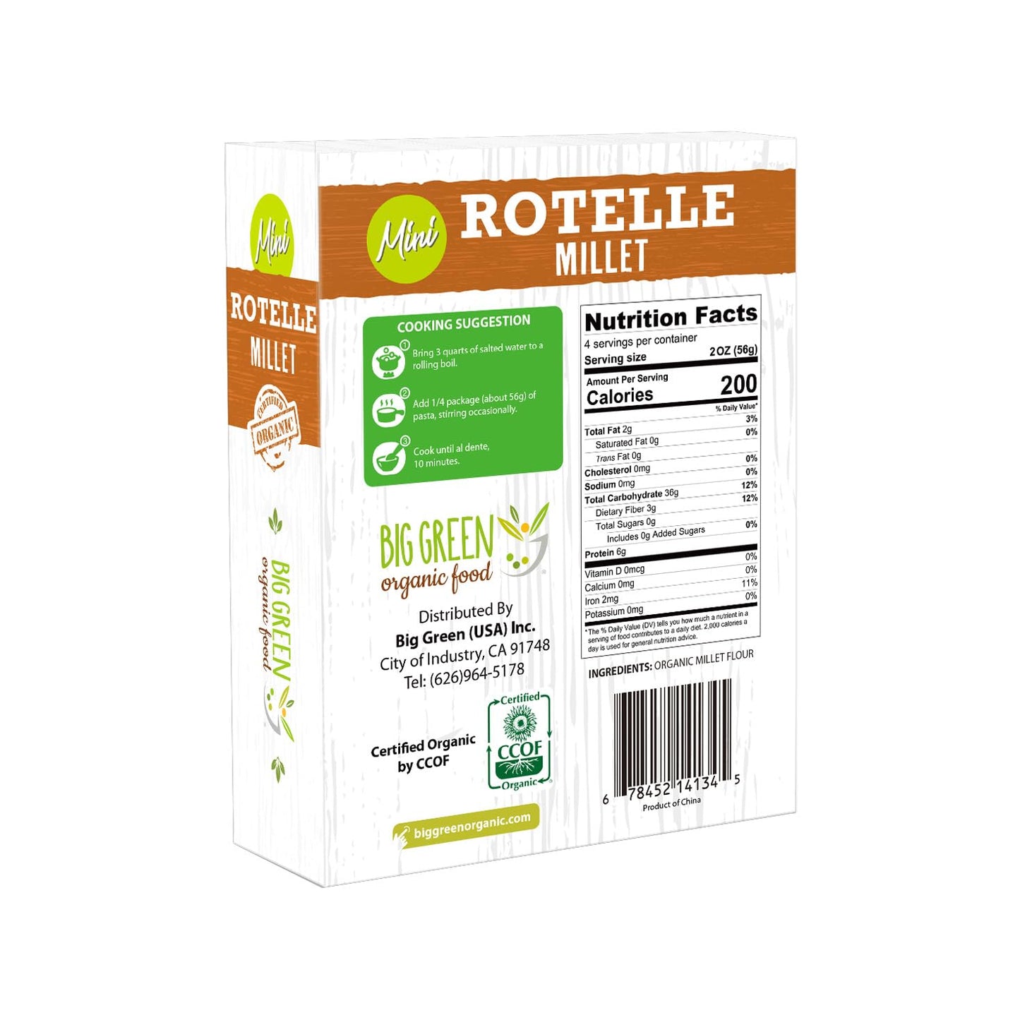 Big Green Organic Food - Organic Mini Millet Rotelle Pasta, Gluten-Free, Non-GMO, Vegan, Plant-Based, Kids' Favorite, 8.8 oz (1 Box)