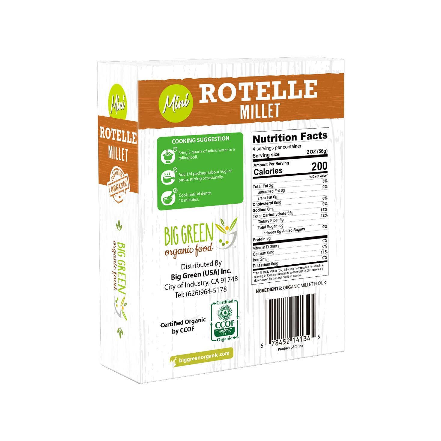 Big Green Organic Food - Organic Mini Millet Rotelle Pasta, Gluten-Free, Non-GMO, Vegan, Plant-Based, Kids' Favorite, 8.8 oz (1 Box)