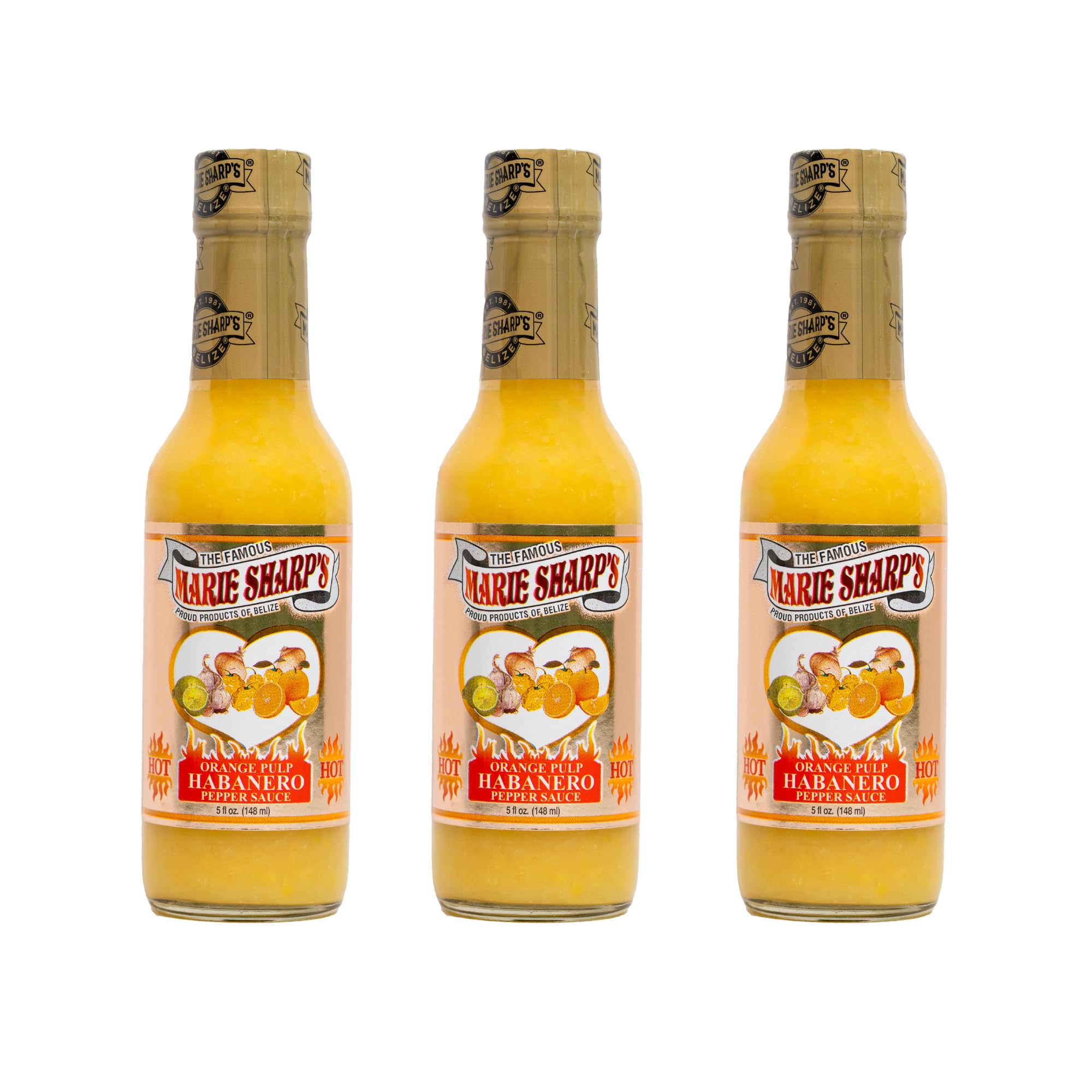 Marie Sharp’s Tropical Orange Habanero Pepper Sauce, 5 oz - Citrusy Belizean Hot Sauce with Fresh Orange & Habanero - All-Natural, Gluten-Free (Pack