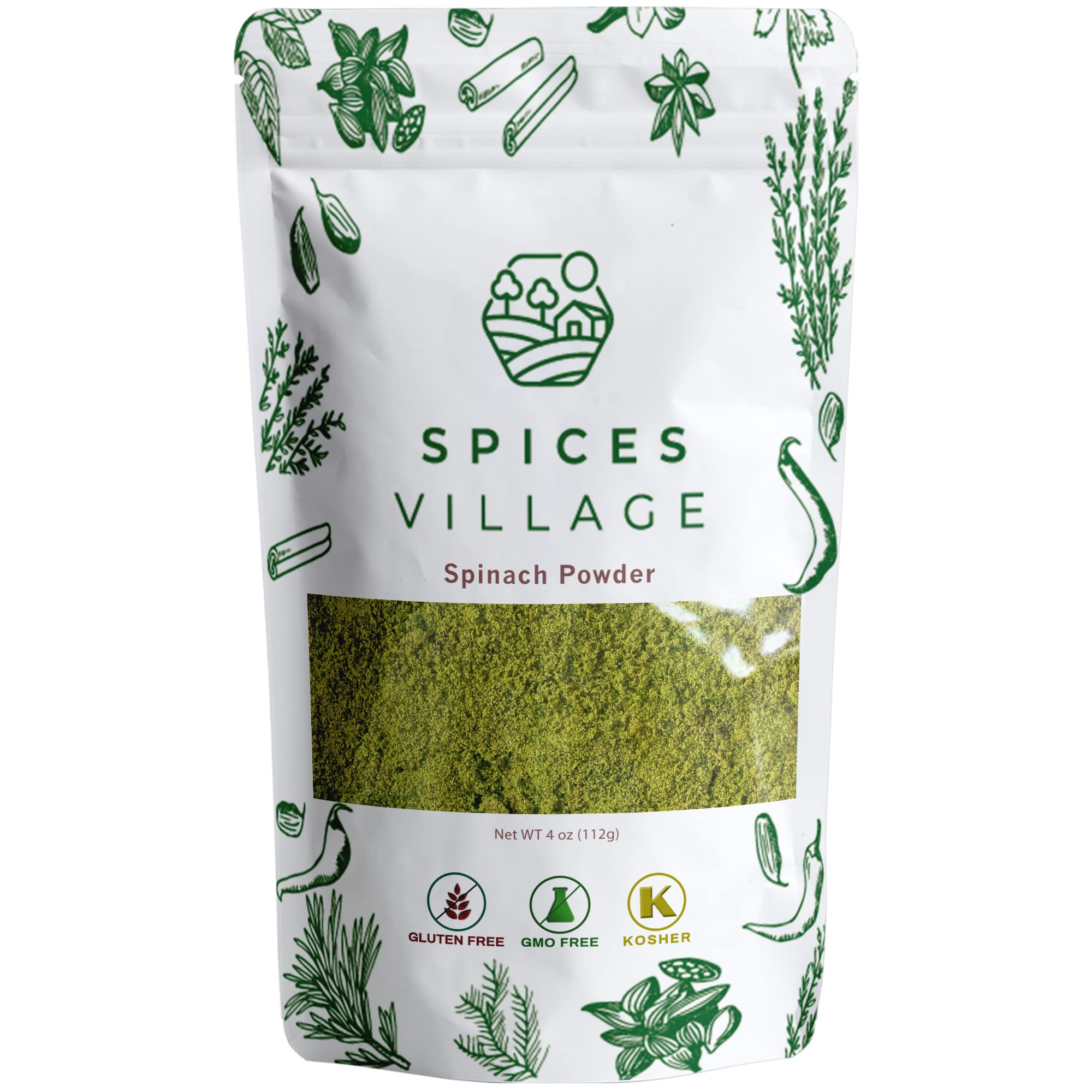 SPICES VILLAGE Dried Spinach Powder, 4 oz, Natural Ground Spinach Leafs, Whole Leaf Spinach Powder, Kosher, Gluten Free, Vegan, Non GMO, Resealable