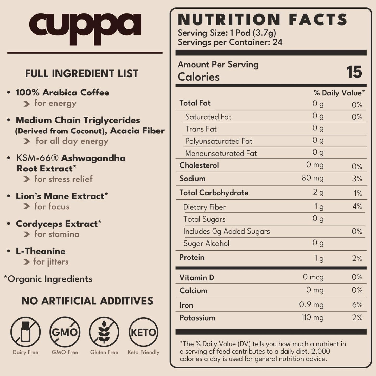 Cuppa Medium Roast Mushroom Coffee Pods with Adaptogens & Superfoods - Lion’s Mane, Ashwagandha & Cordyceps, Adaptogens + MCT to support natural