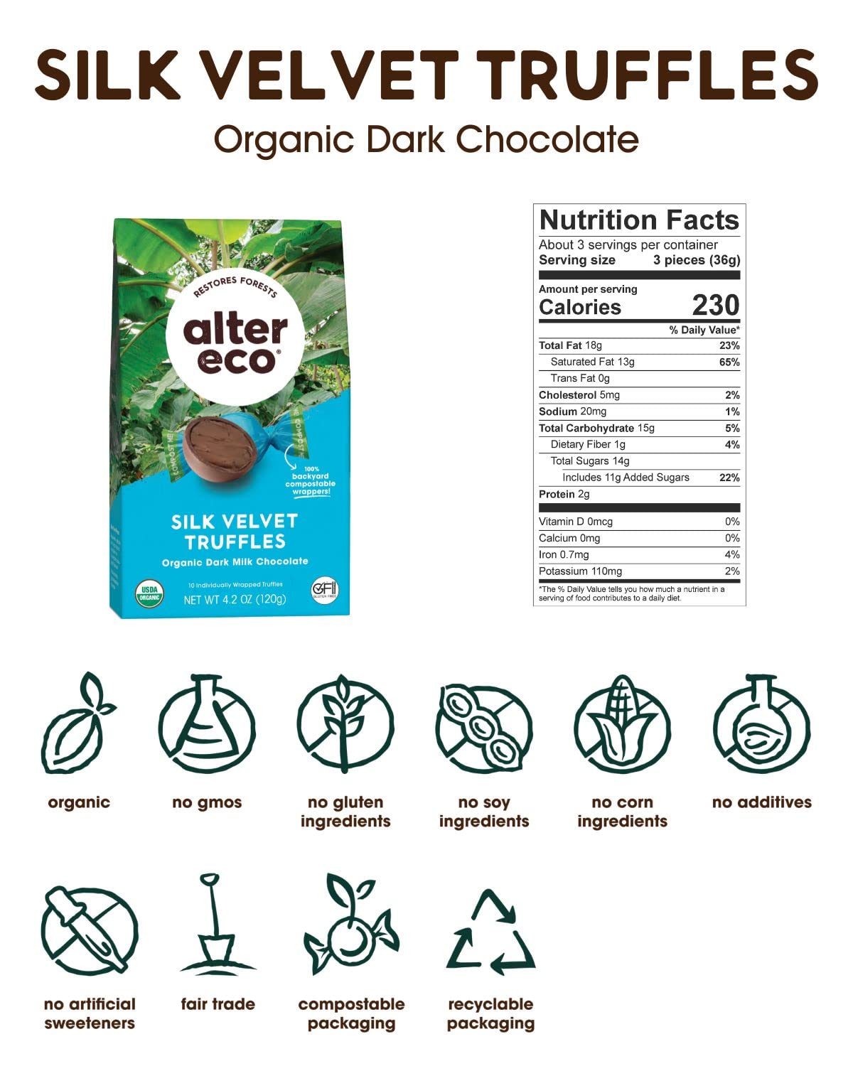 Alter Eco | Silk Velvet Truffles | 39% Pure Dark Cocoa, Fair Trade, Organic, Non-GMO, Gluten Free Dark Chocolate Truffles (10 Count (Pack of 1))