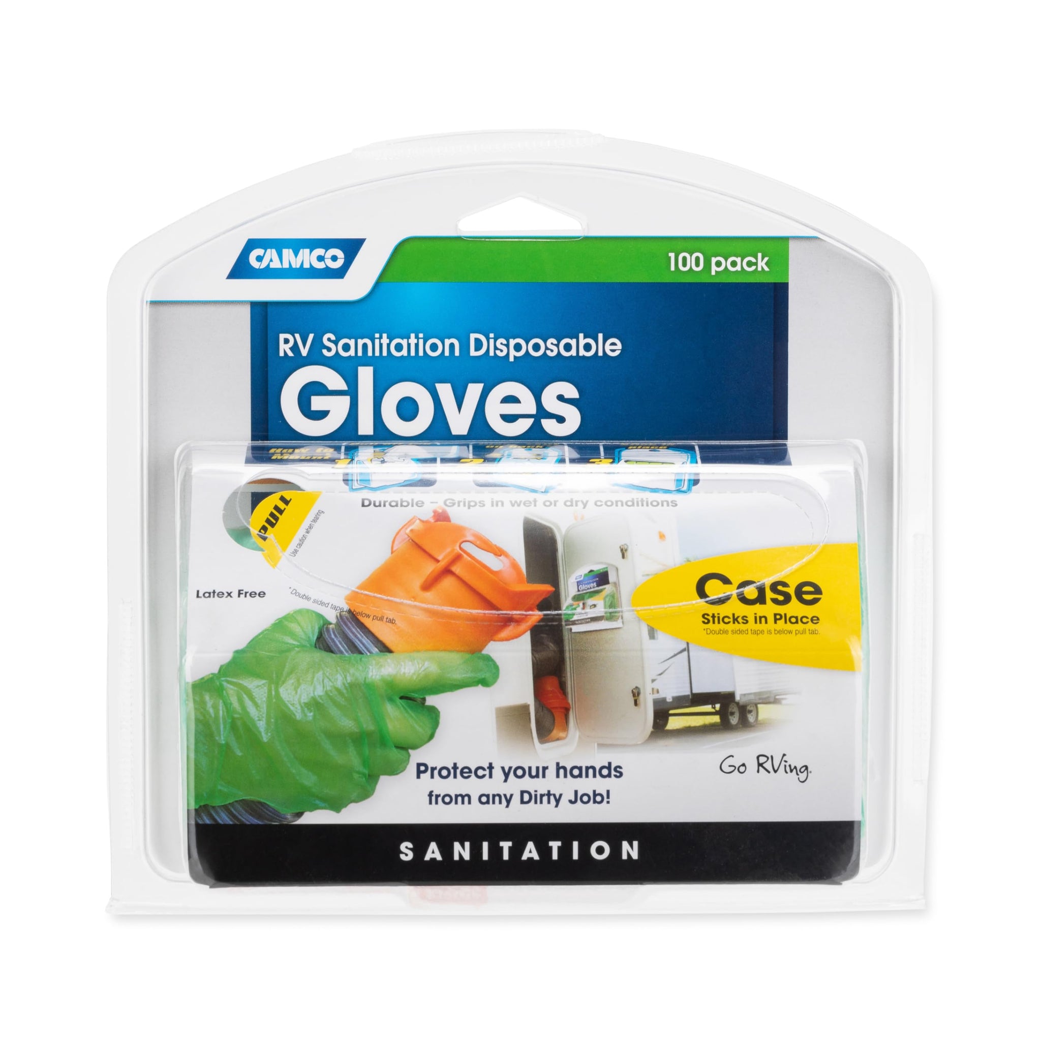Camco Durable All Purpose RV and Camper Disposable Sanitation Gloves | Ideal in Wet or Dry Conditions | Green Non-Latex Gloves | 100 Pack (40285)