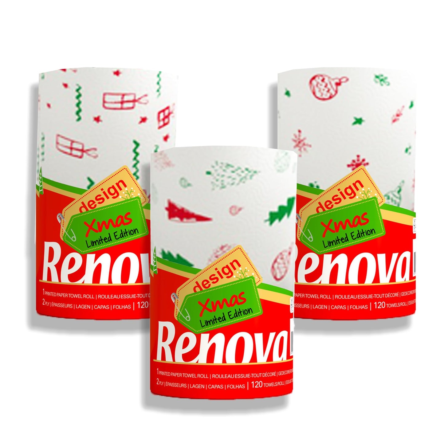 Renova Kitchen Paper Towel Jumbo Roll 2-ply 120 Sheets (Christmas, 3 Rolls)