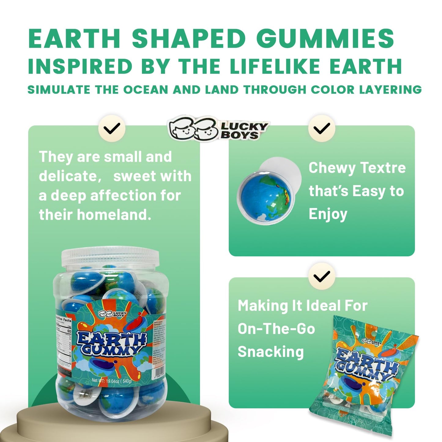Lucky boys Earth Gummy Candy With Fruity Liquid Center Fat Free Perfect for Halloween & Themed Parties, Fun & Delicious 19.04oz (Earth Gummy 19.04oz