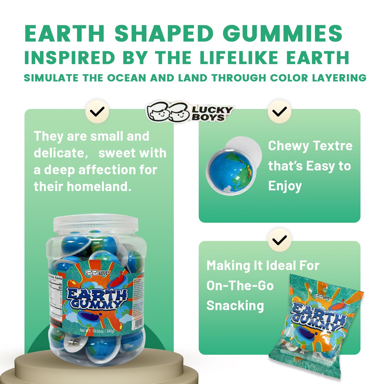 Lucky boys Earth Gummy Candy With Fruity Liquid Center Fat Free Perfect for Halloween & Themed Parties, Fun & Delicious 19.04oz (Earth Gummy 19.04oz