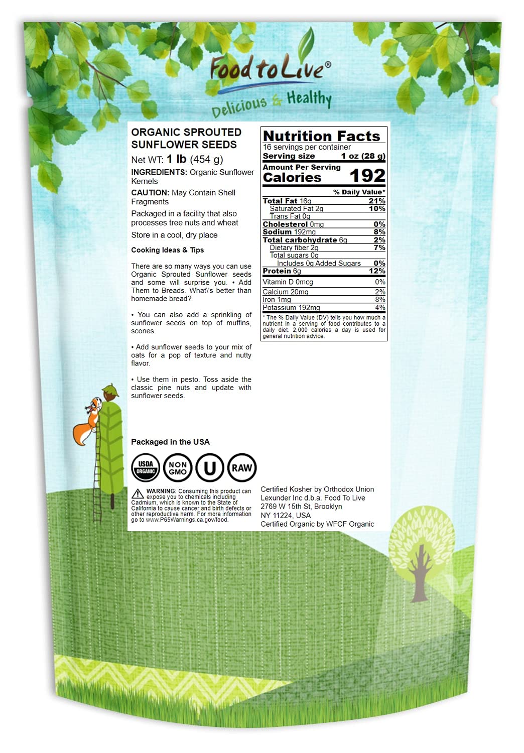 Food to Live Organic Sprouted Sunflower Seeds, 1 Pound Non-GMO, Kosher, No Shell, Unsalted, Raw Kernels, Vegan Superfood, Sirtfood, Bulk