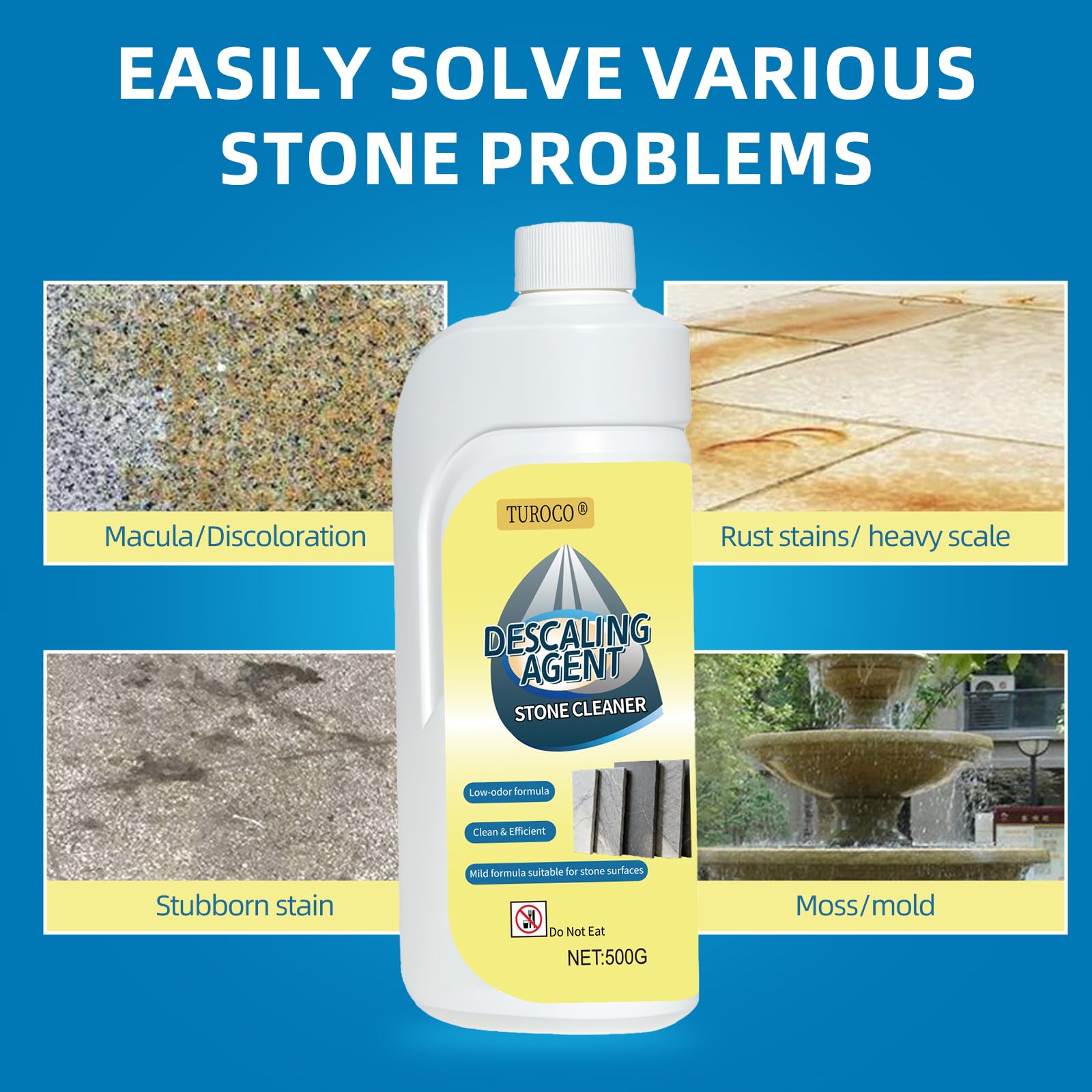 Turoco 500ml Heavy-Duty Marble & Granite Cleaner -Yellowing & Limescale Remover for Tile, Concrete & Natural Stone - Restores Shine for Bathroom