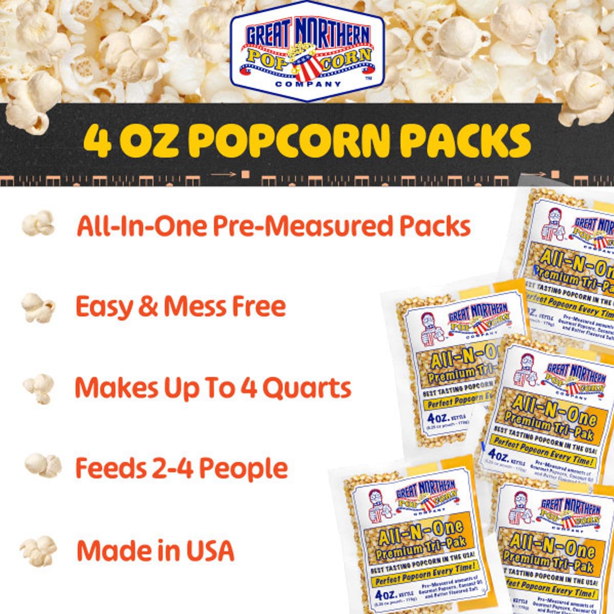 4oz Popcorn Machine Popcorn Packets - Pre-Measured, Movie Theater Style, All in One Gourmet Pop Corn Kernels for Popping with Butter Flavored Salt