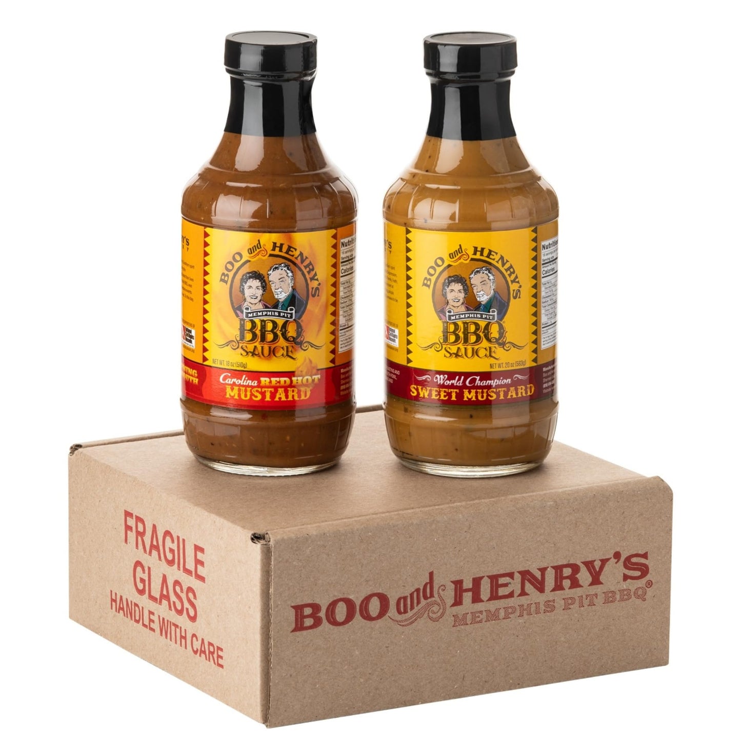 Boo and Henry's BBQ Mustard Barbecue Sauce Variety 2-Pack, World Champion Sweet Mustard Plus Carolina Red Hot Mustard Sauce with Signature Ghost