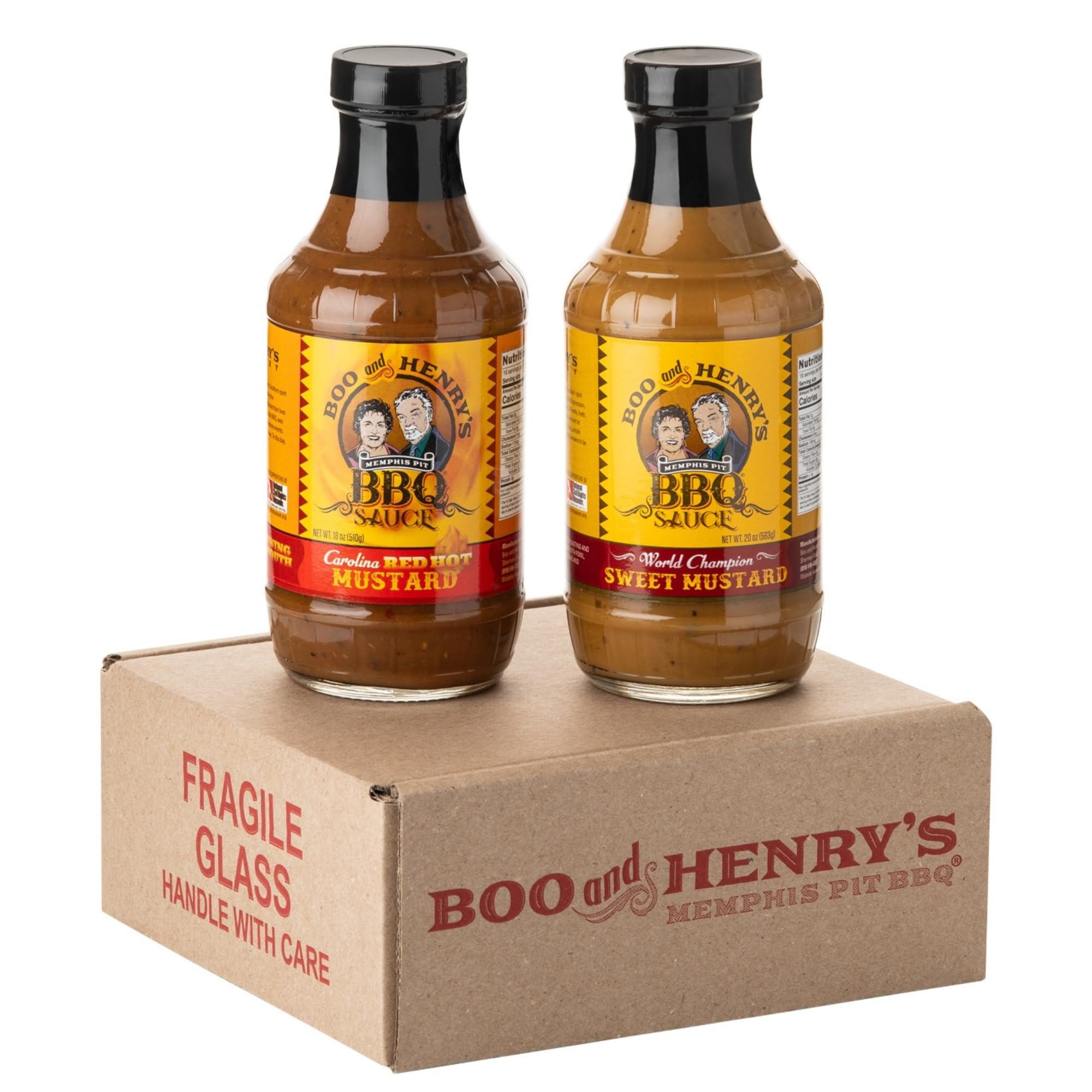 Boo and Henry's BBQ Mustard Barbecue Sauce Variety 2-Pack, World Champion Sweet Mustard Plus Carolina Red Hot Mustard Sauce with Signature Ghost