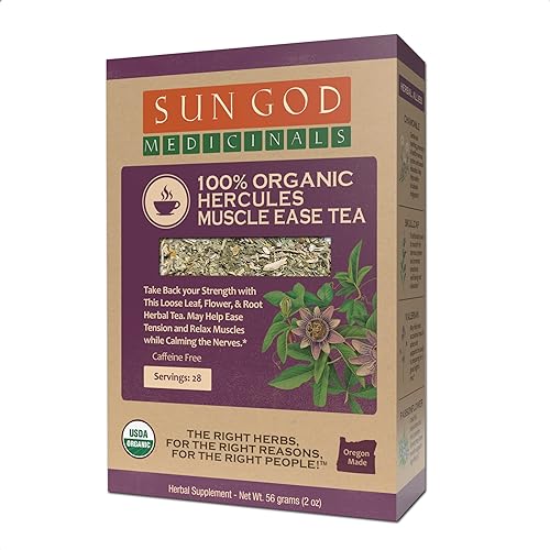 Sun God Medicinals Organic Hercules Herbal Tea - Muscle Support - Caffine Free, Brew Hot or Iced (2 oz Loose Leaf, 28 Servings)