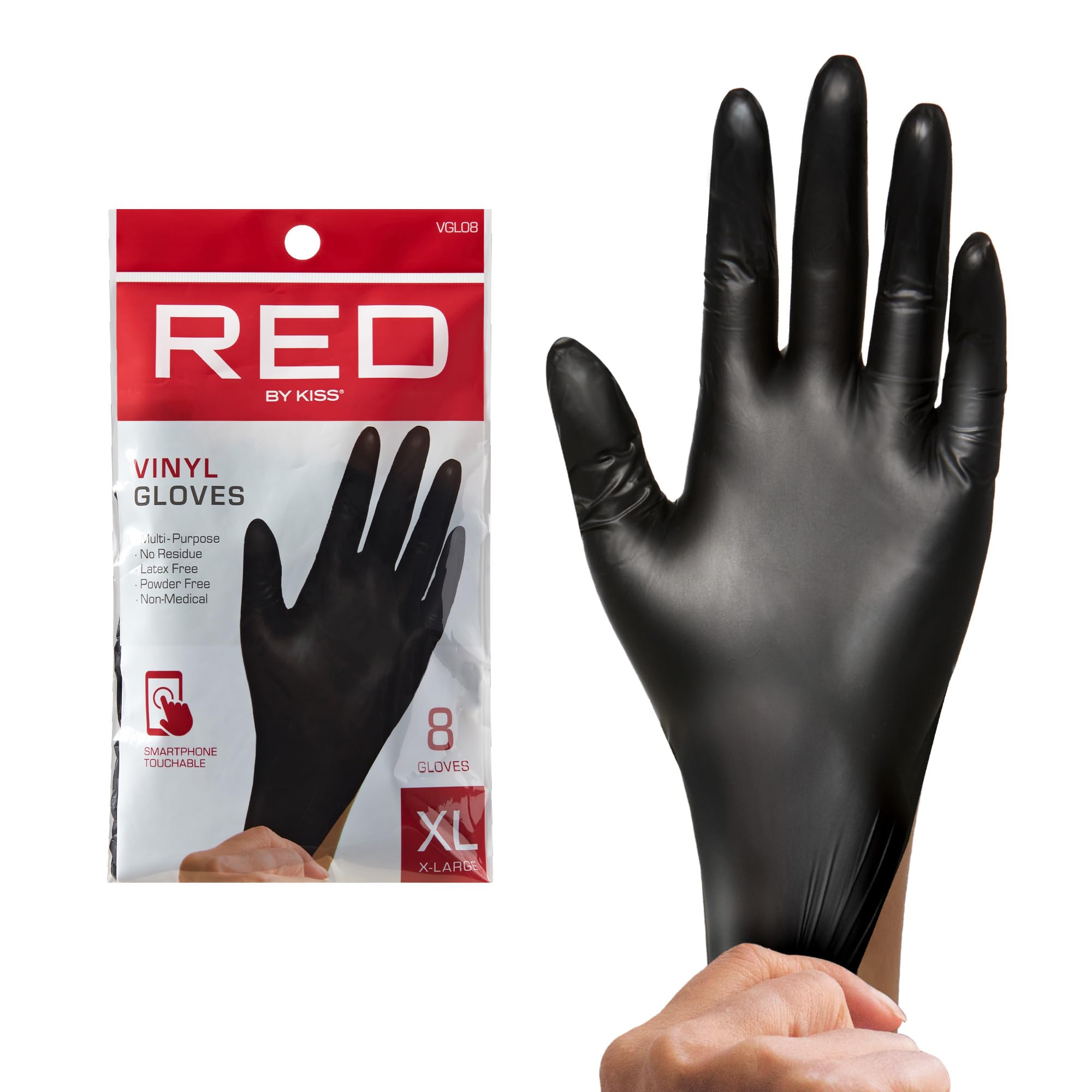 Red by Kiss 8Pcs Black Vinyl Gloves, Disposable, Latex Free, Powder Free, Multi-functional Gloves, Cleaning Service Gloves (Small)