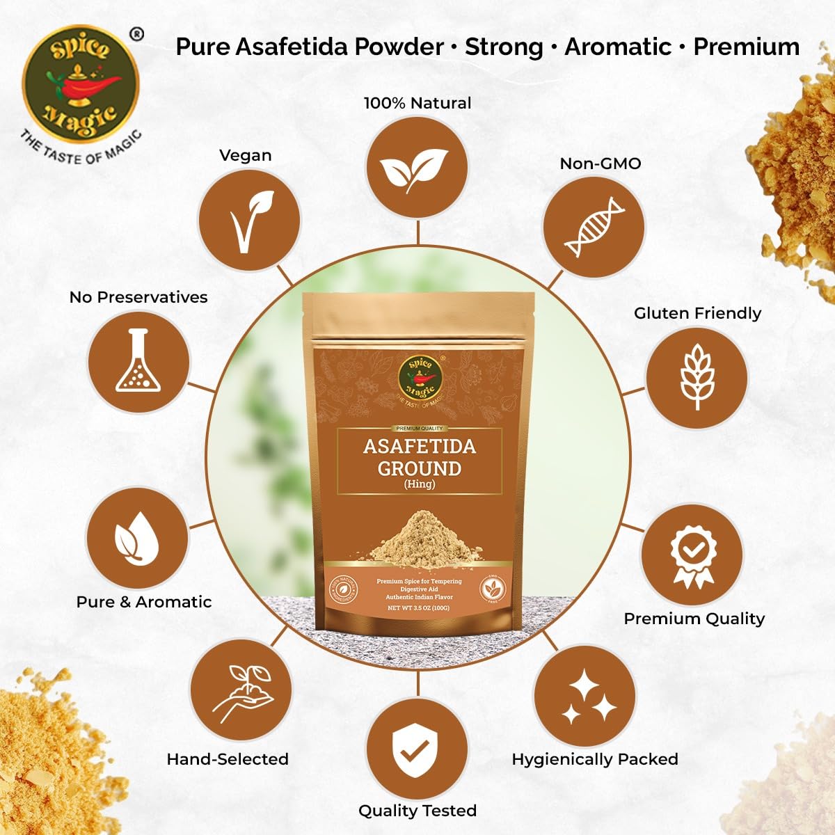 Spice Magic Asafetida Ground (Hing) ~ 100% Pure, Aromatic & Natural I Non-GMO I Indian Origin 3.5oz (100g)
