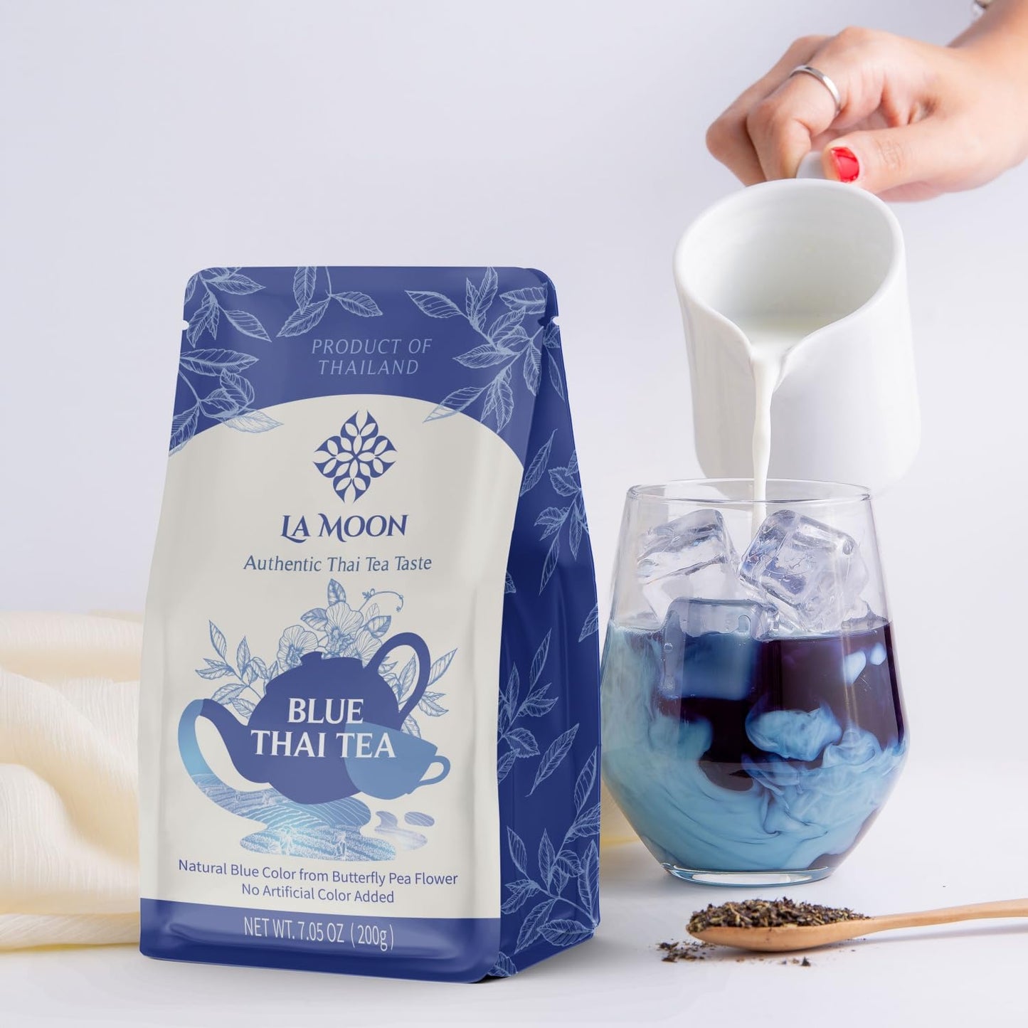 LA MOON TEA Blue Thai Tea Mix - Traditional Loose Leaf Thai Tea Mix from Butterfly Pea Flower and Assam Black Tea for Home-made Blue Thai Iced Tea