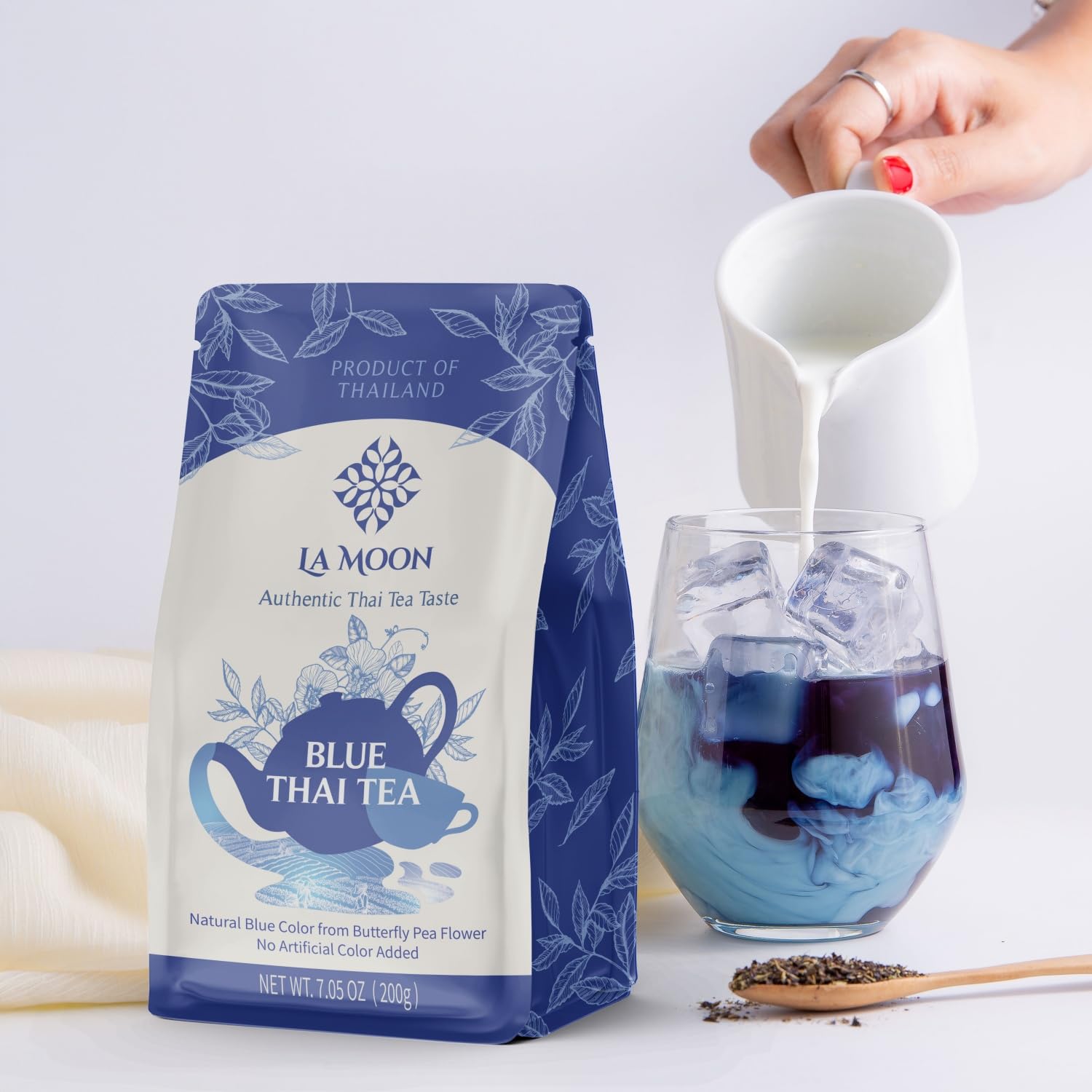 LA MOON TEA Blue Thai Tea Mix - Traditional Loose Leaf Thai Tea Mix from Butterfly Pea Flower and Assam Black Tea for Home-made Blue Thai Iced Tea