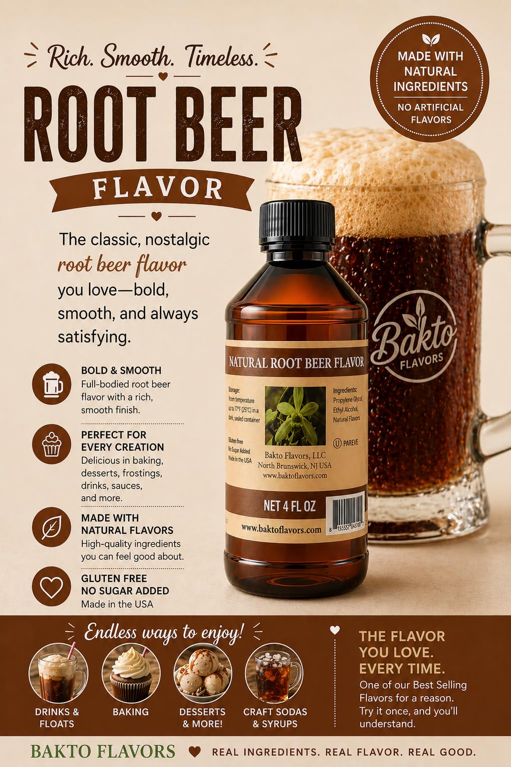 Bakto Flavors Natural Root Beer Flavor, 4 Fluid Ounces